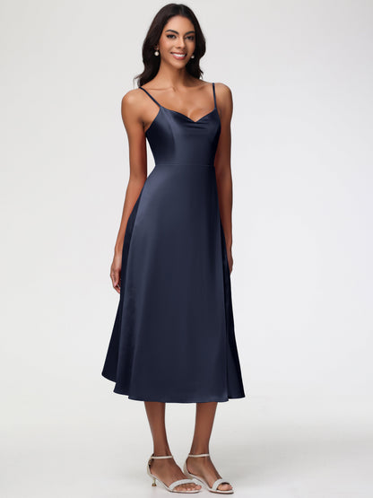 Spaghetti Straps Tea Length Back Zip Stretch Satin Bridesmaid Dress