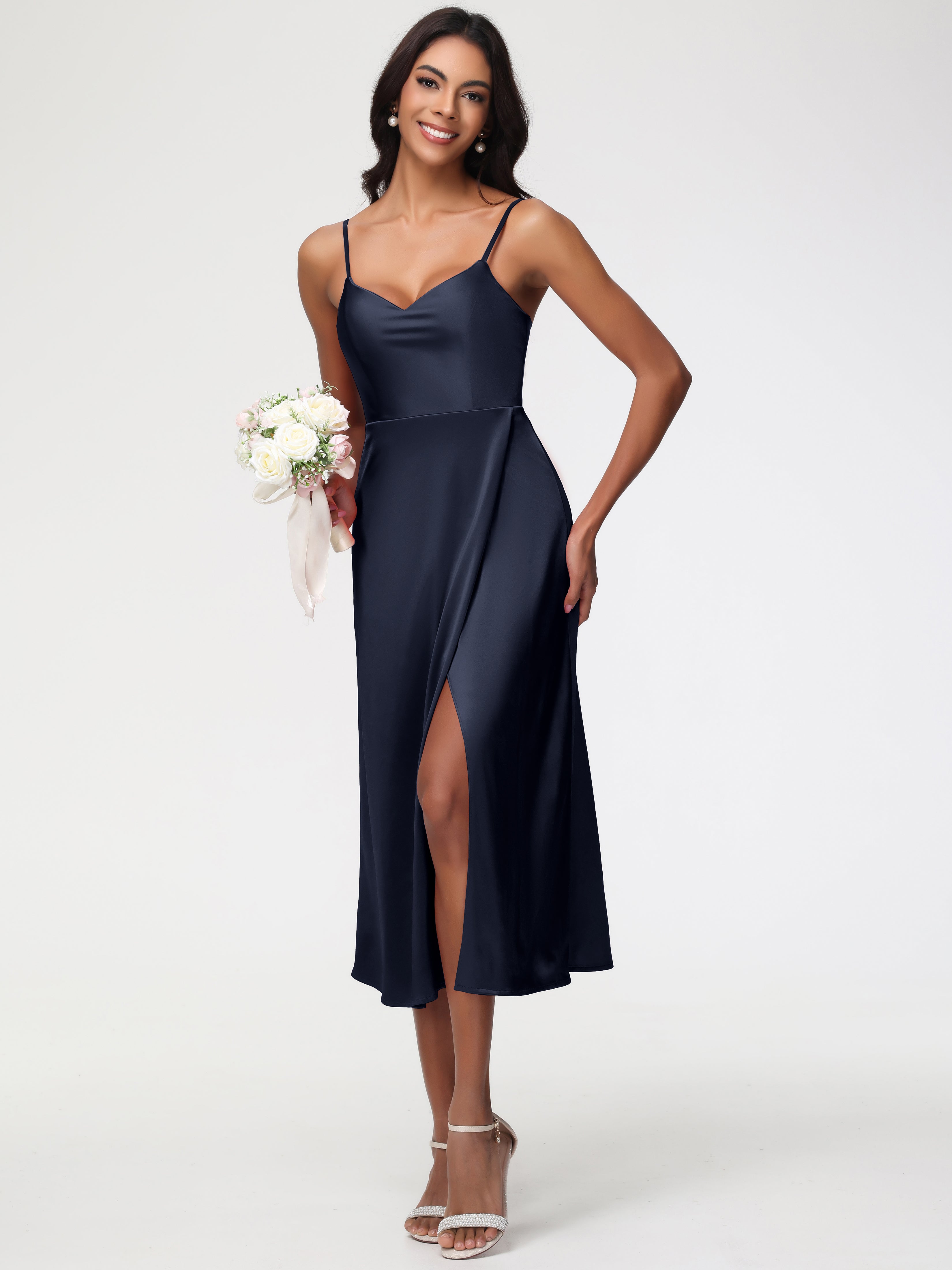 Spaghetti Straps Tea Length Back Zip Stretch Satin Bridesmaid Dress