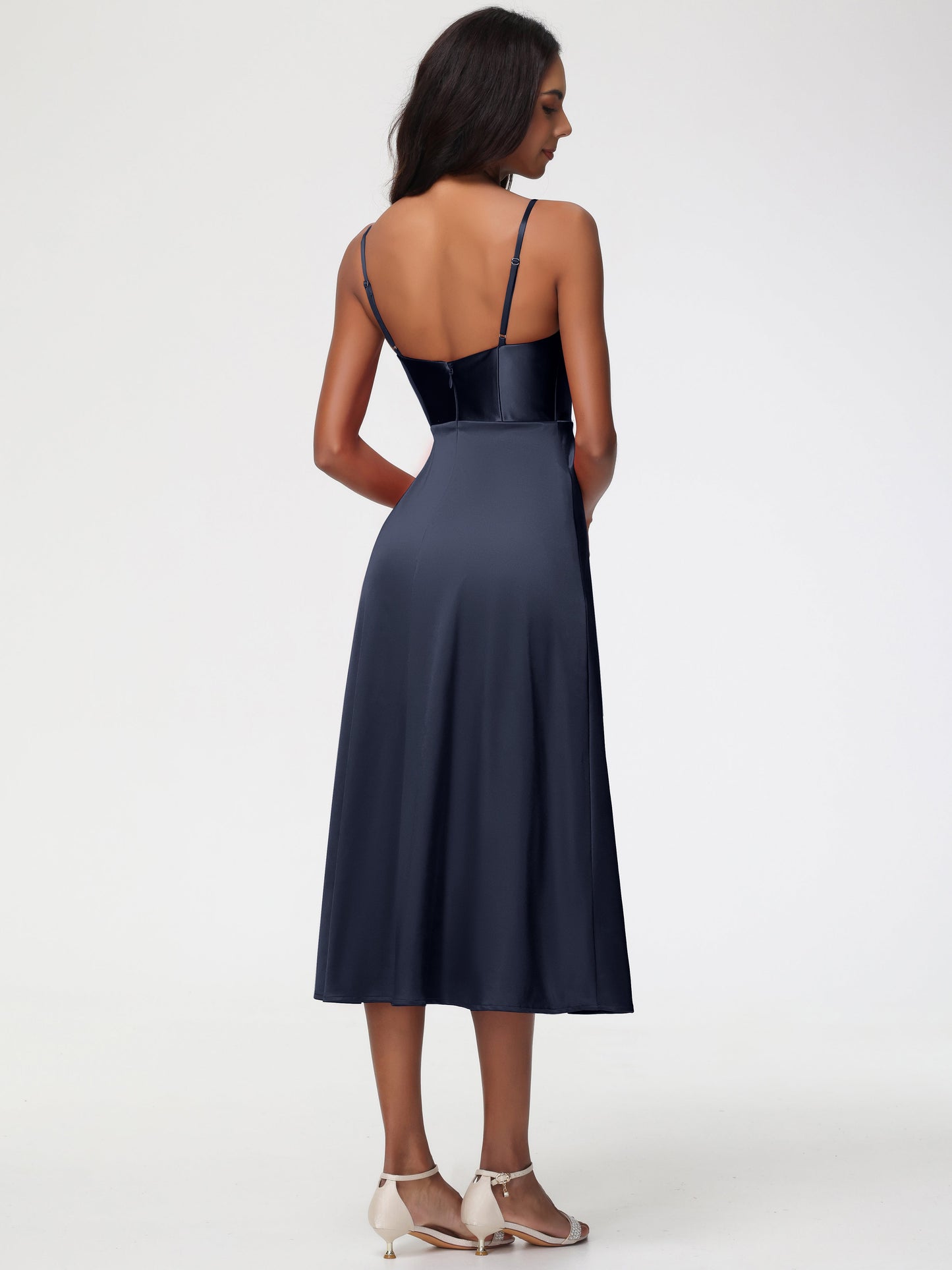 Spaghetti Straps Tea Length Back Zip Stretch Satin Bridesmaid Dress
