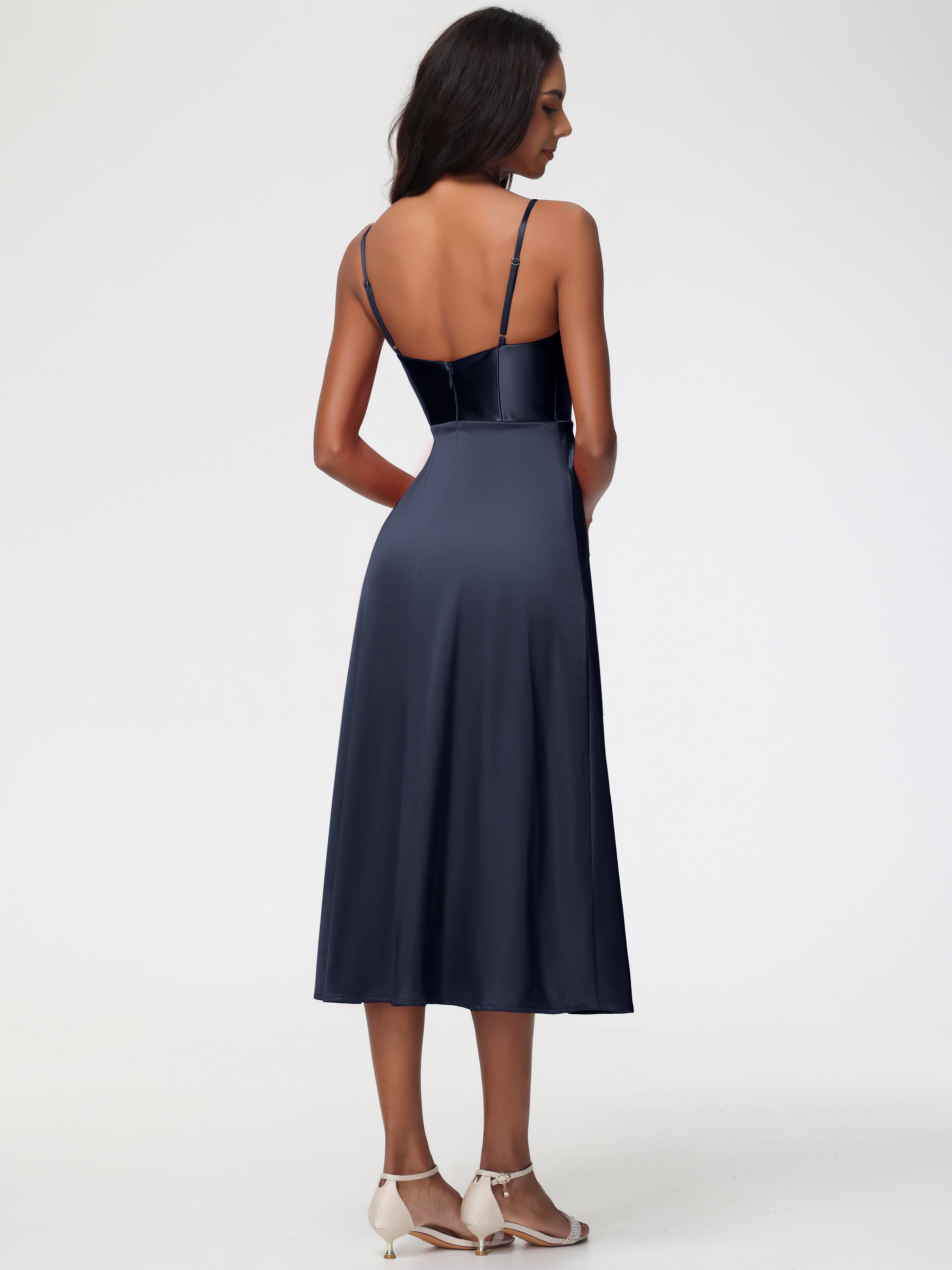 Spaghetti Straps Tea Length Back Zip Stretch Satin Bridesmaid Dress