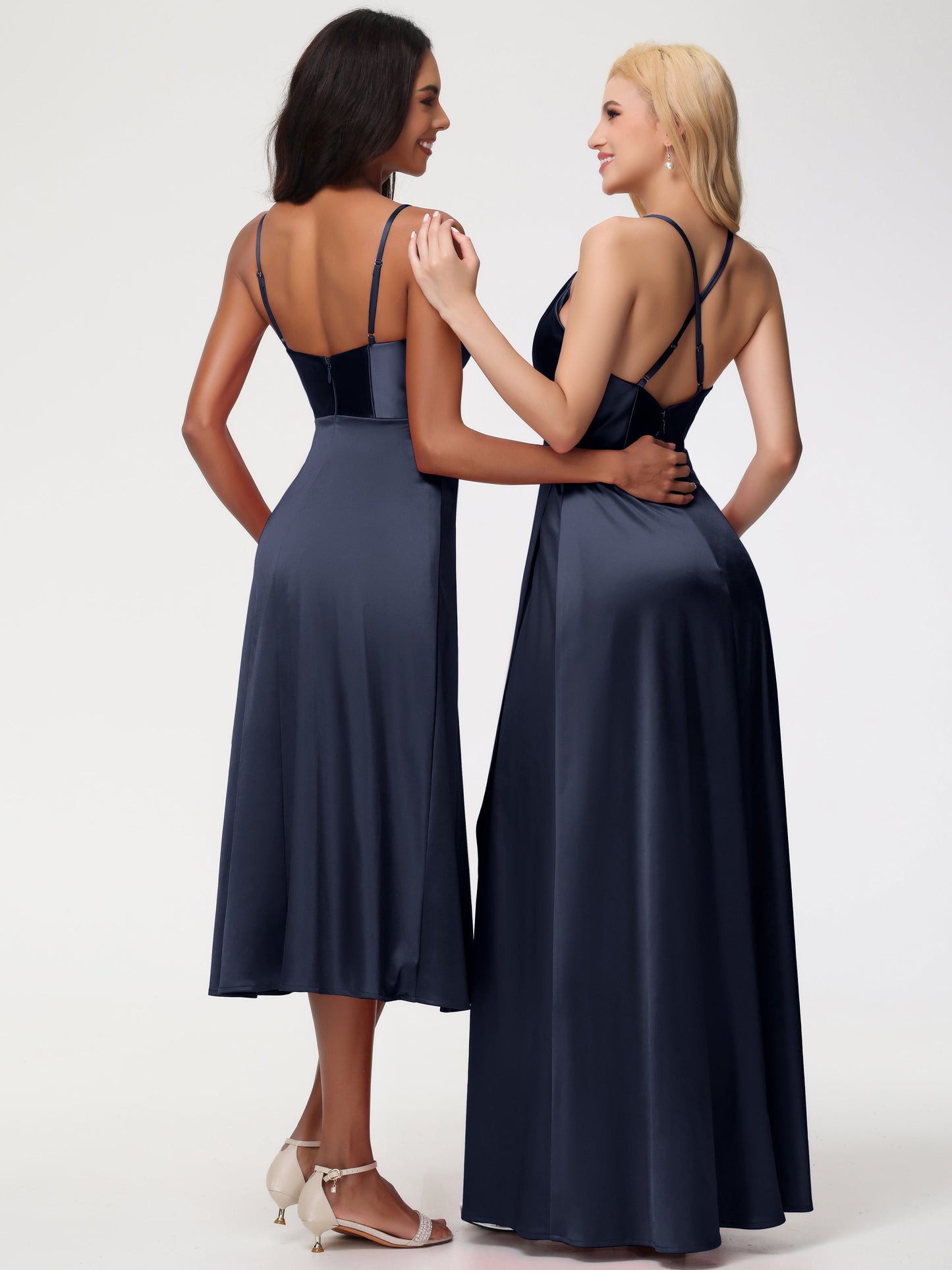 Spaghetti Straps Tea Length Back Zip Stretch Satin Bridesmaid Dress