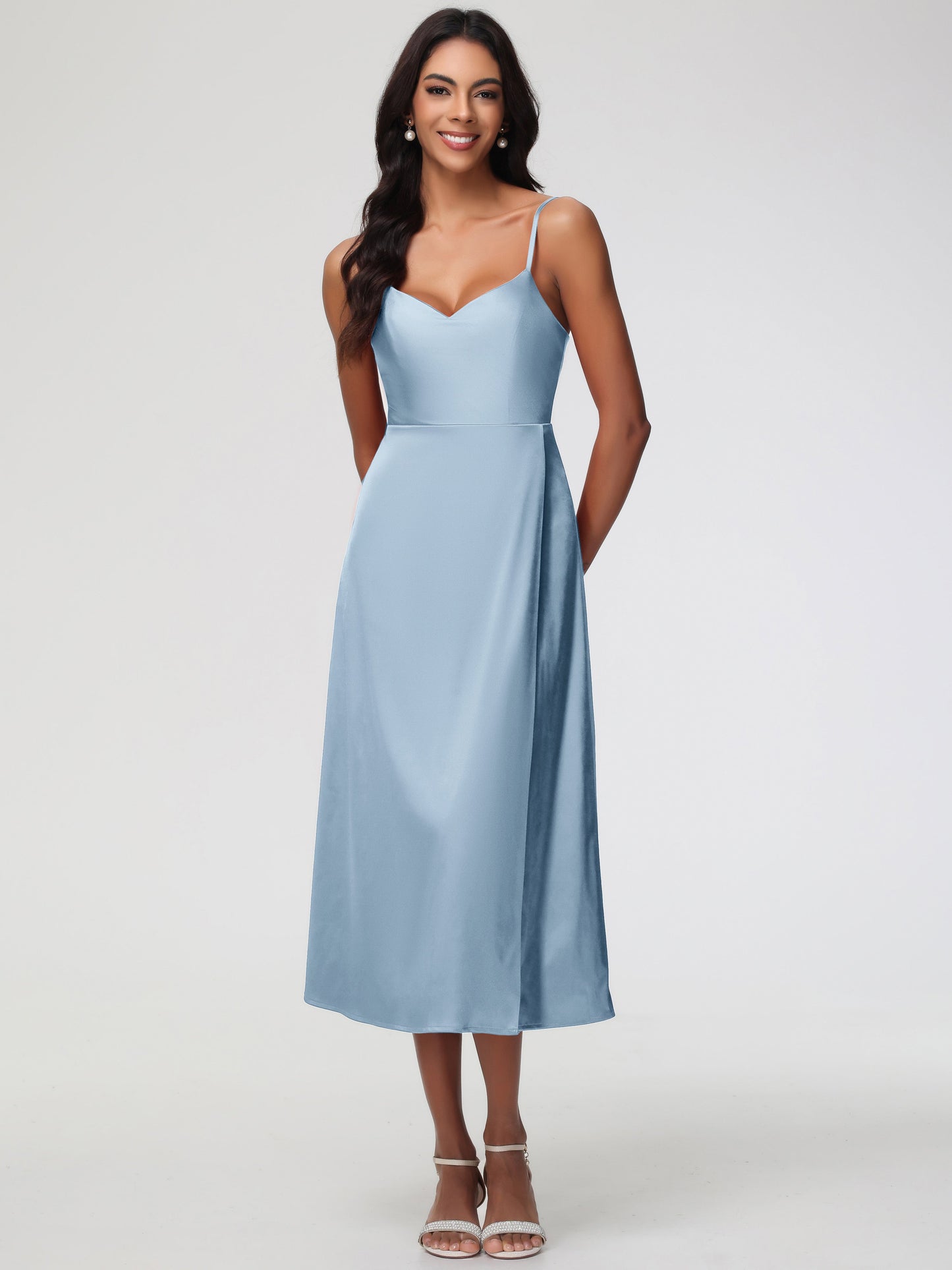 Spaghetti Straps Tea Length Back Zip Stretch Satin Bridesmaid Dress