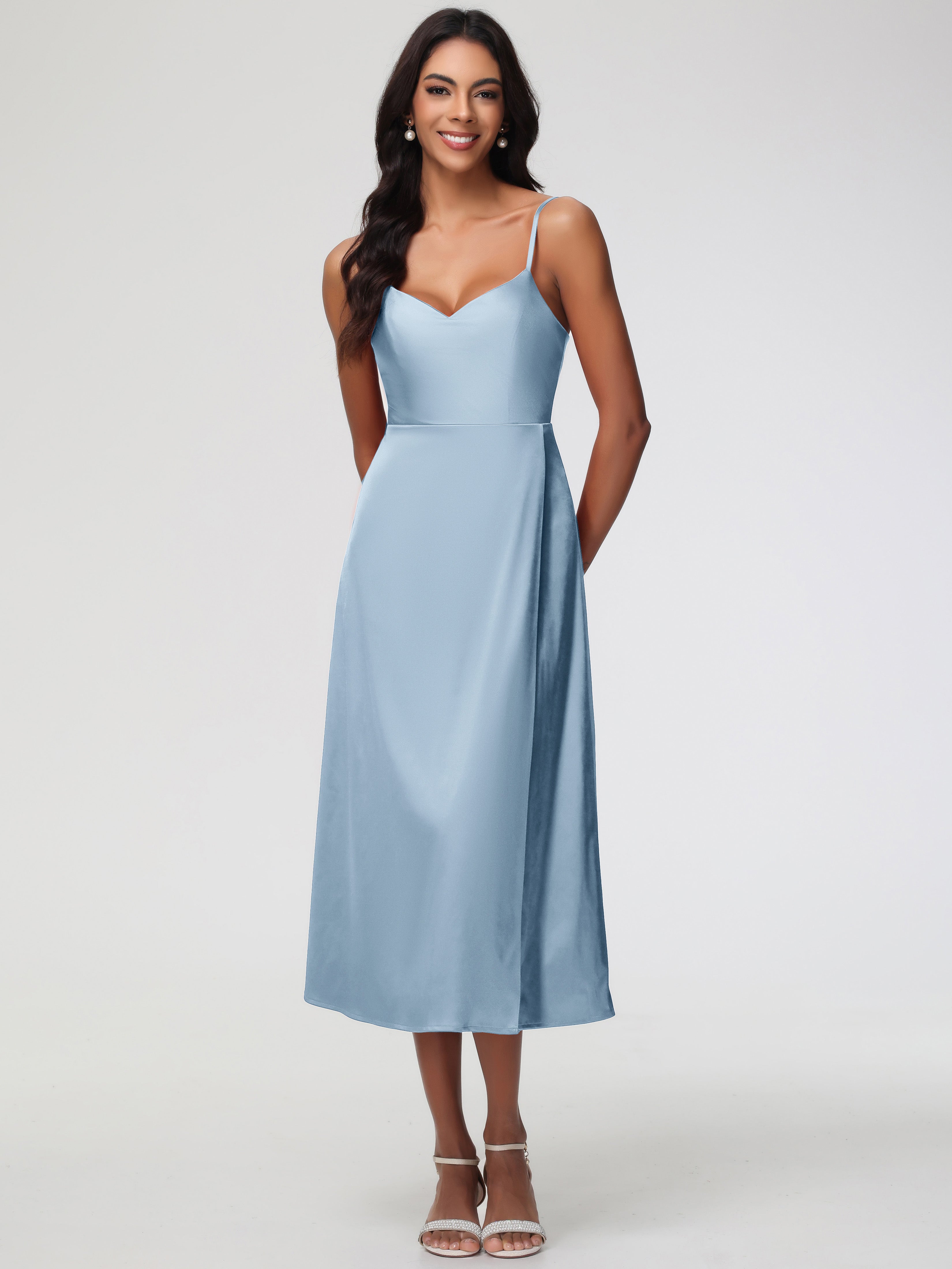 Spaghetti Straps Tea Length Back Zip Stretch Satin Bridesmaid Dress