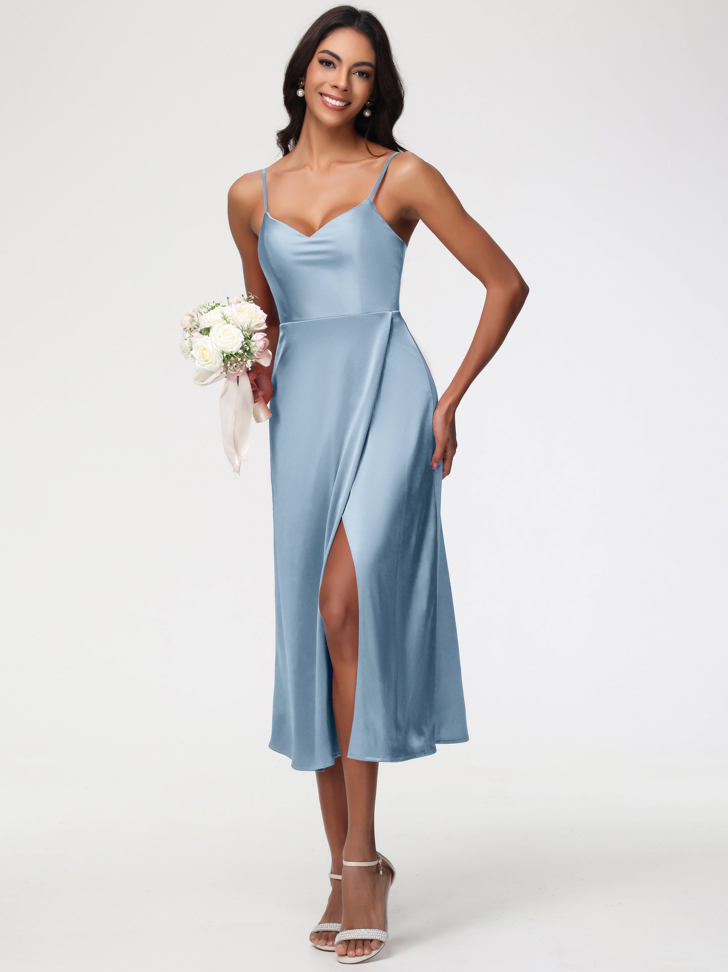 Spaghetti Straps Tea Length Back Zip Stretch Satin Bridesmaid Dress