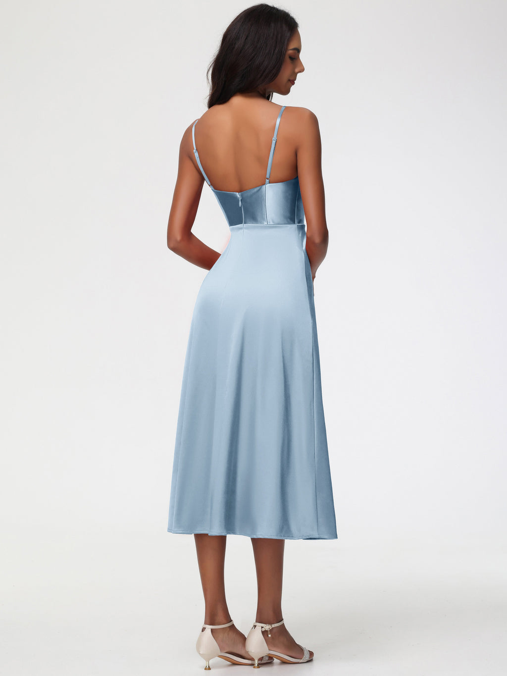 Spaghetti Straps Tea Length Back Zip Stretch Satin Bridesmaid Dress