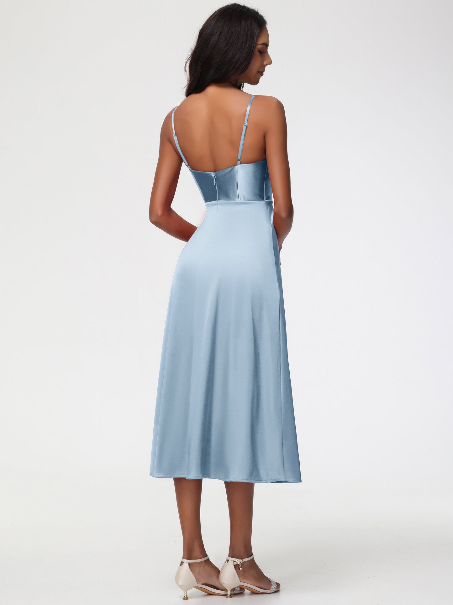 Spaghetti Straps Tea Length Back Zip Stretch Satin Bridesmaid Dress