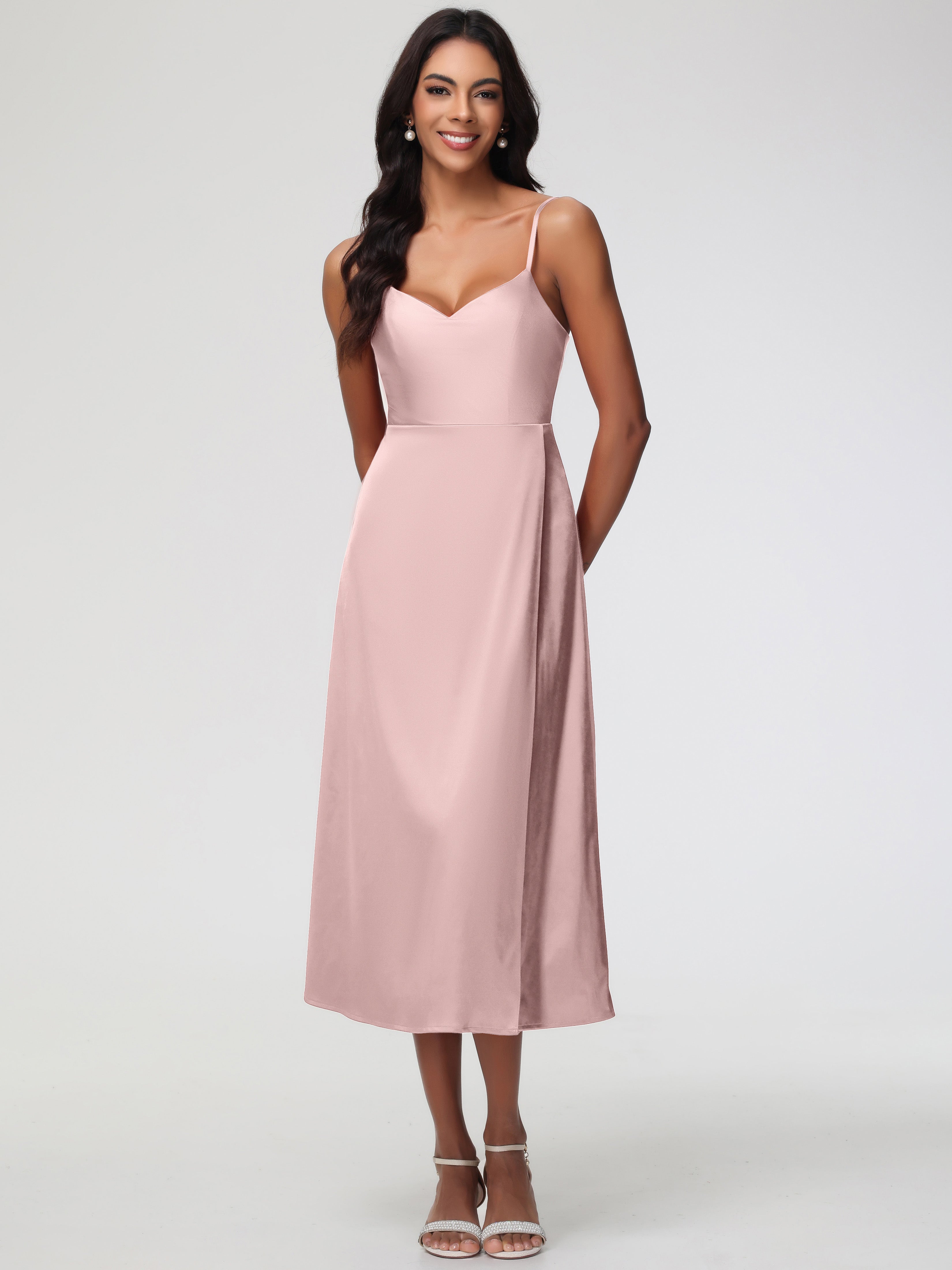 Spaghetti Straps Tea Length Back Zip Stretch Satin Bridesmaid Dress