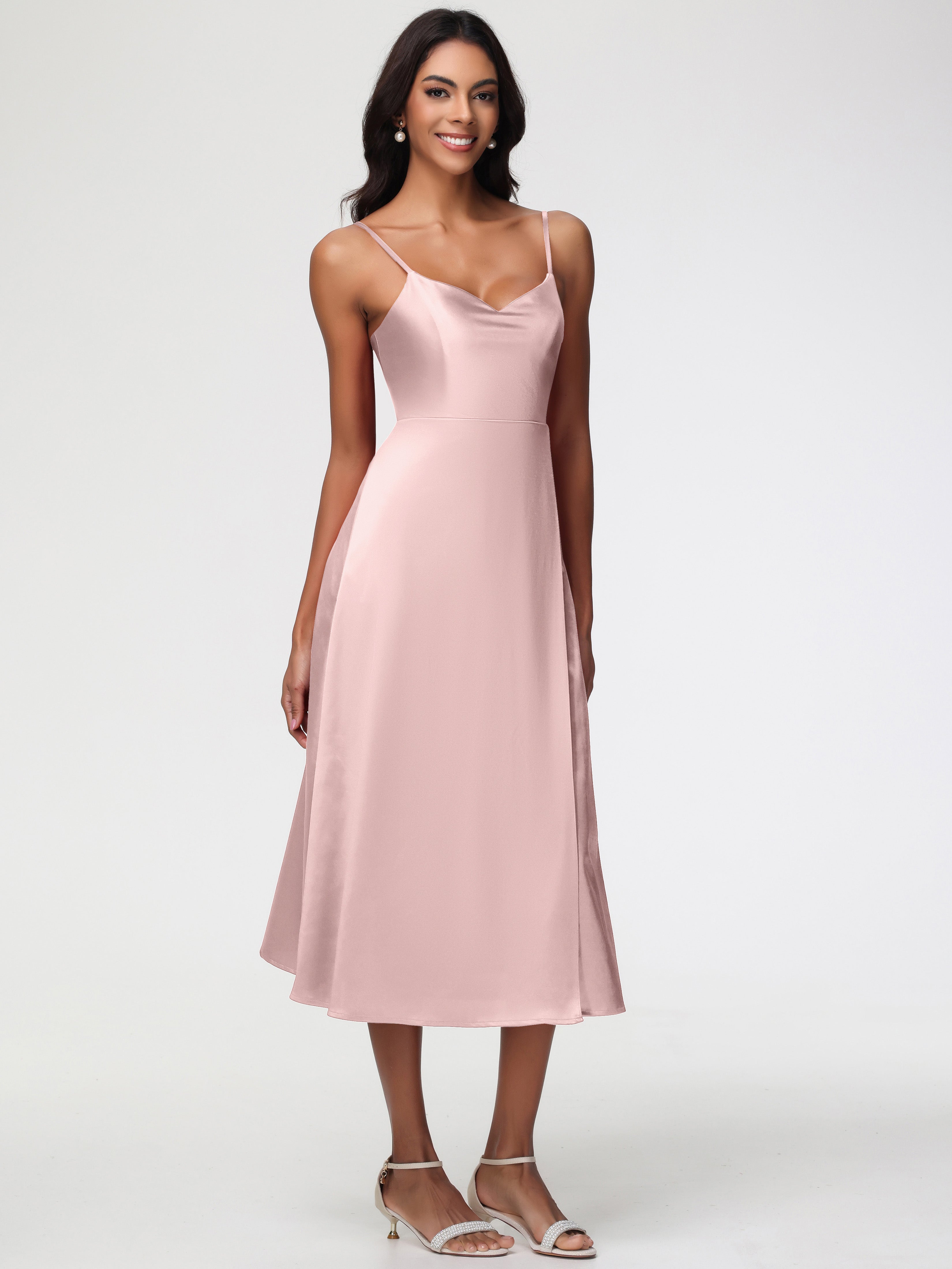 Spaghetti Straps Tea Length Back Zip Stretch Satin Bridesmaid Dress
