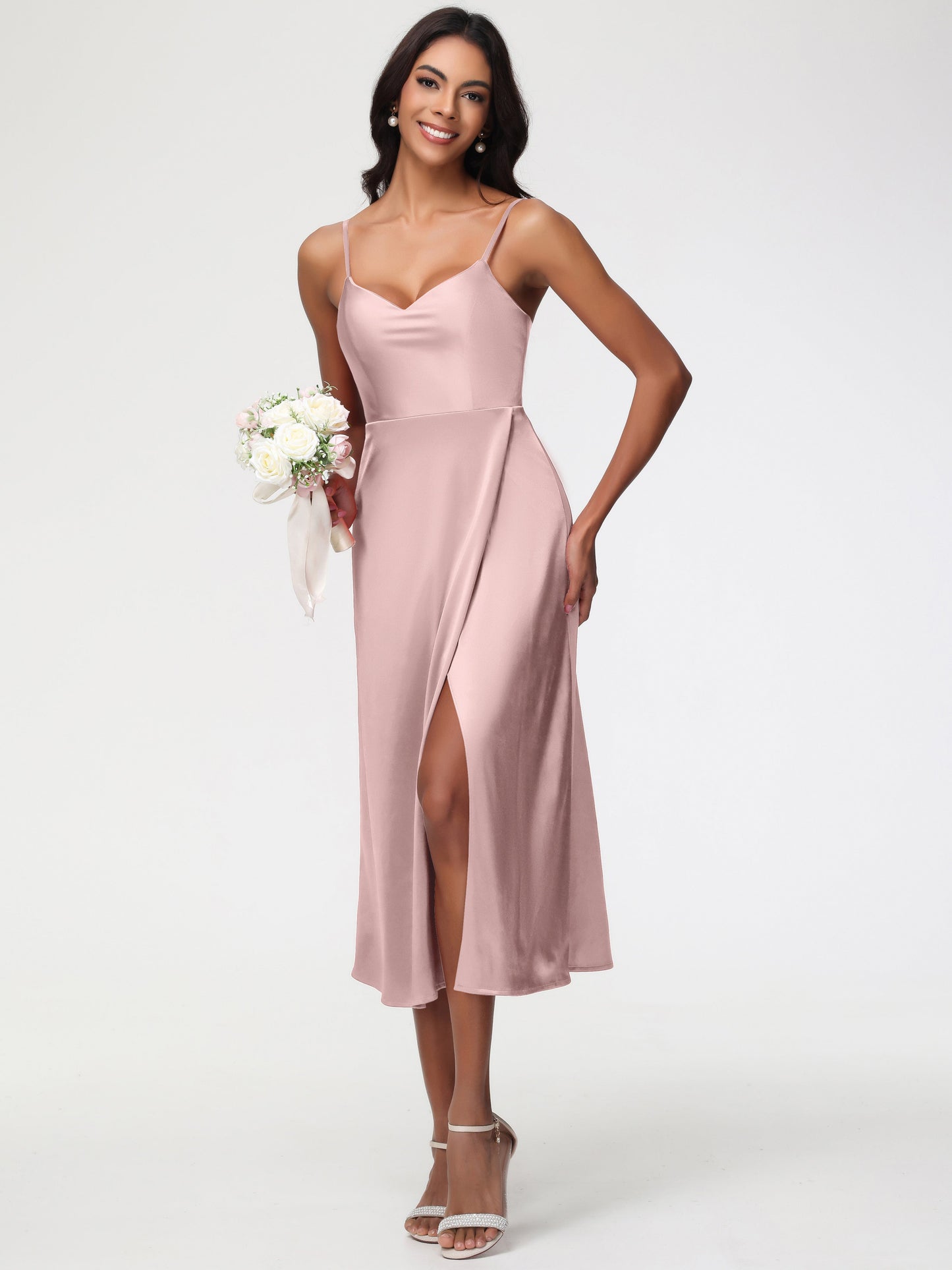 Spaghetti Straps Tea Length Back Zip Stretch Satin Bridesmaid Dress
