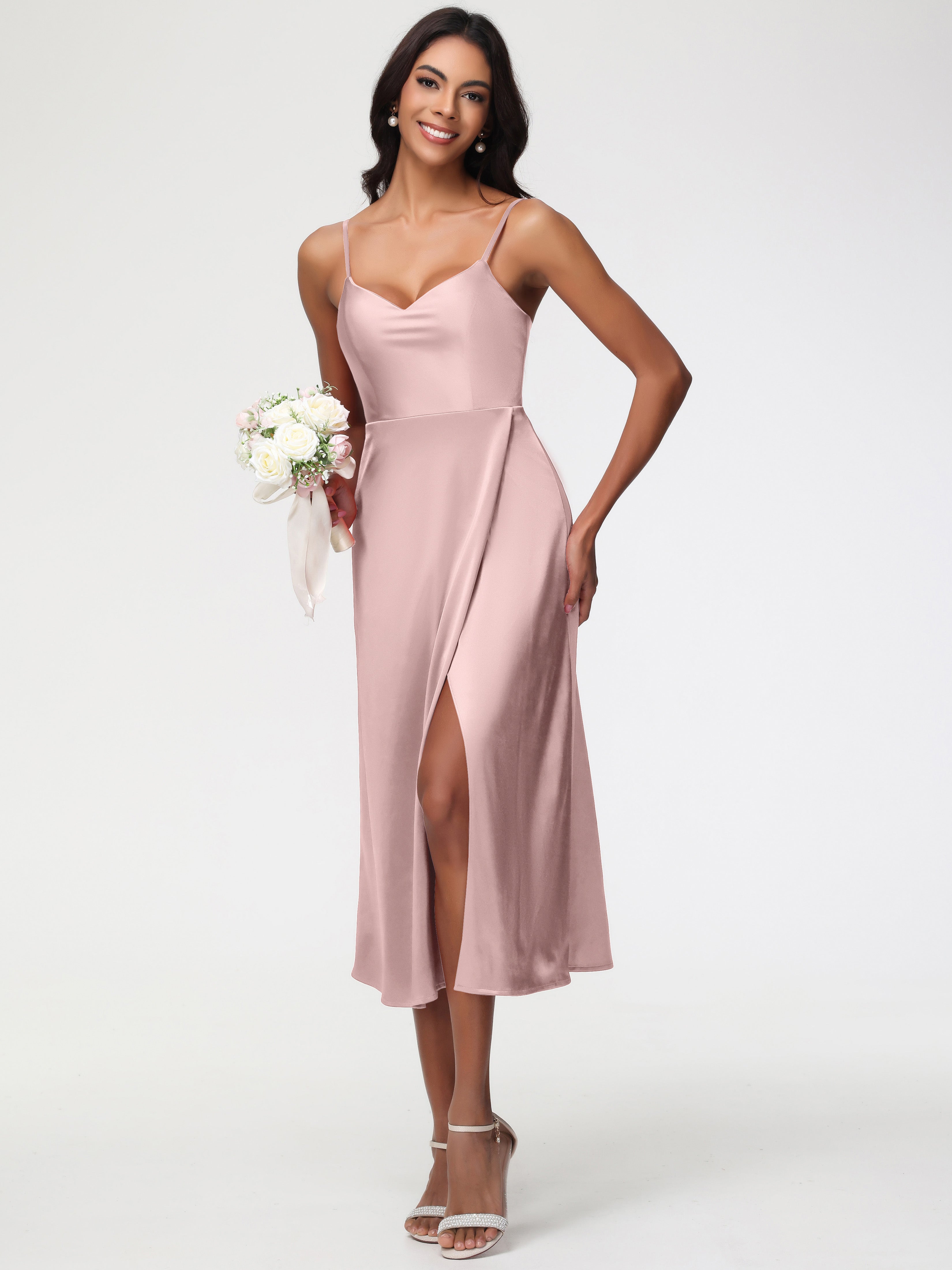 Spaghetti Straps Tea Length Back Zip Stretch Satin Bridesmaid Dress