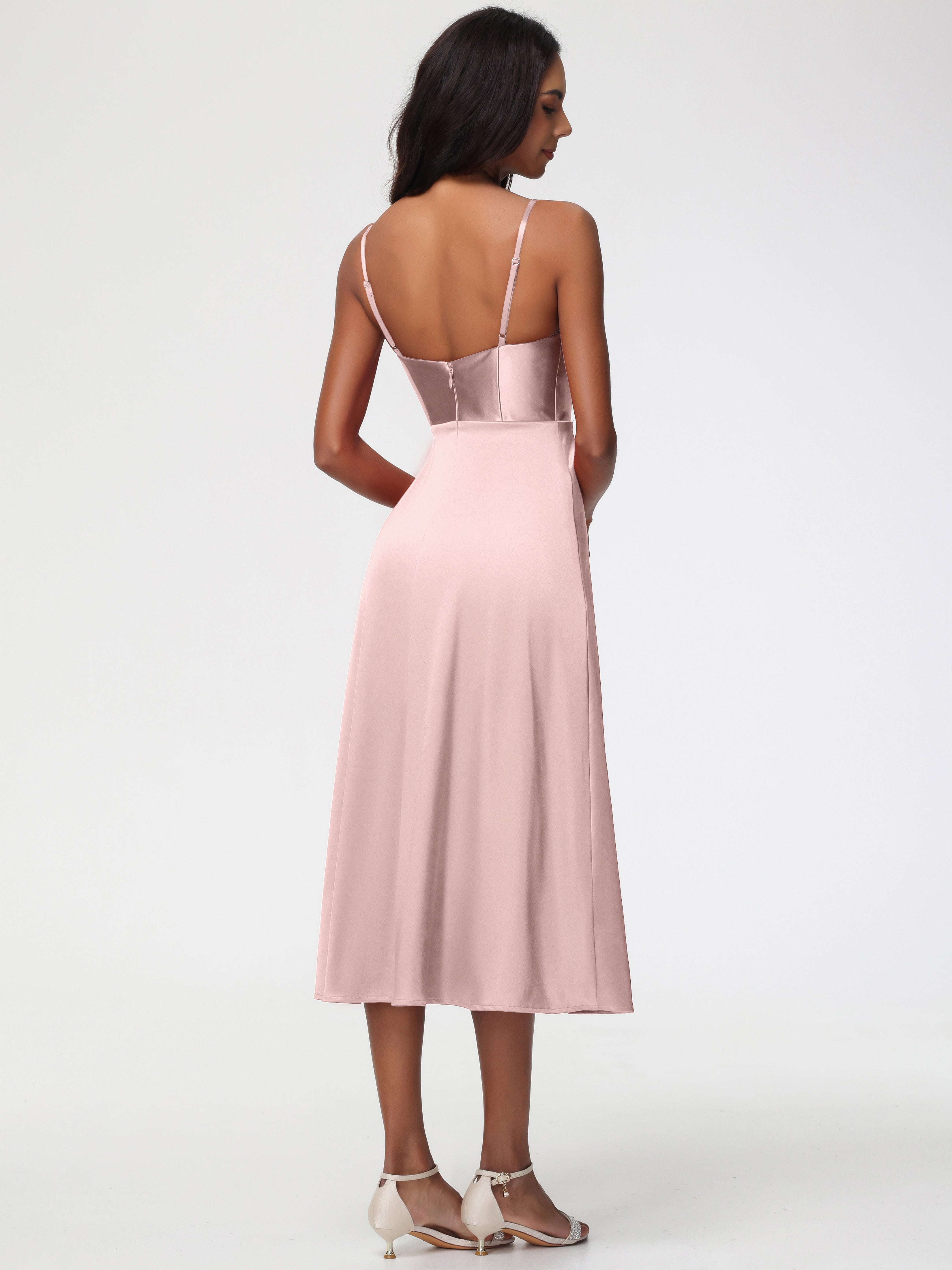Spaghetti Straps Tea Length Back Zip Stretch Satin Bridesmaid Dress