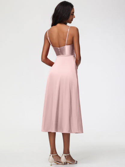 Spaghetti Straps Tea Length Back Zip Stretch Satin Bridesmaid Dress