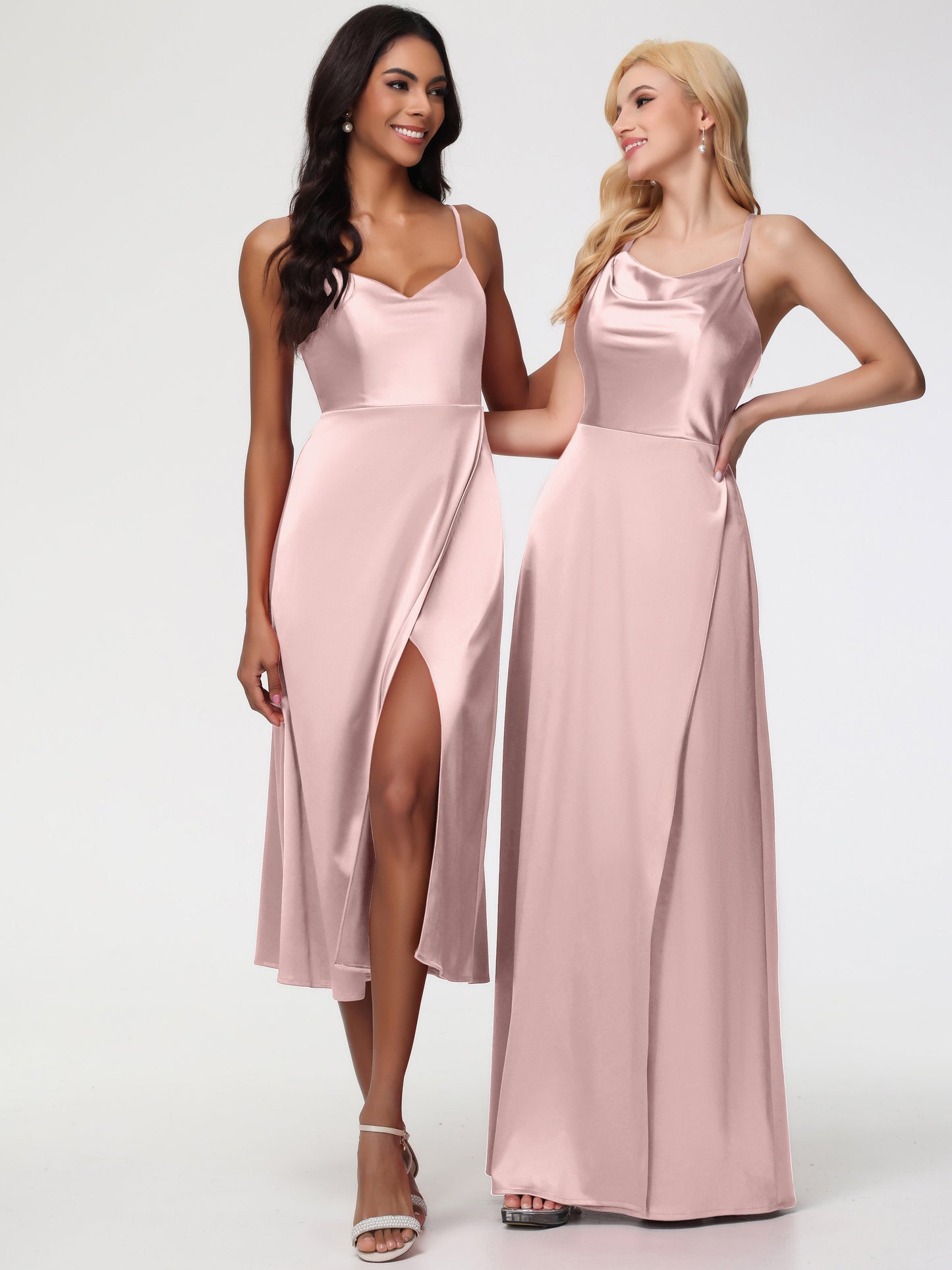 Spaghetti Straps Tea Length Back Zip Stretch Satin Bridesmaid Dress