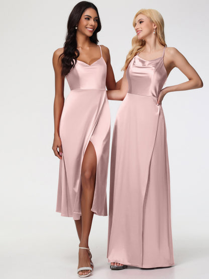 Spaghetti Straps Tea Length Back Zip Stretch Satin Bridesmaid Dress