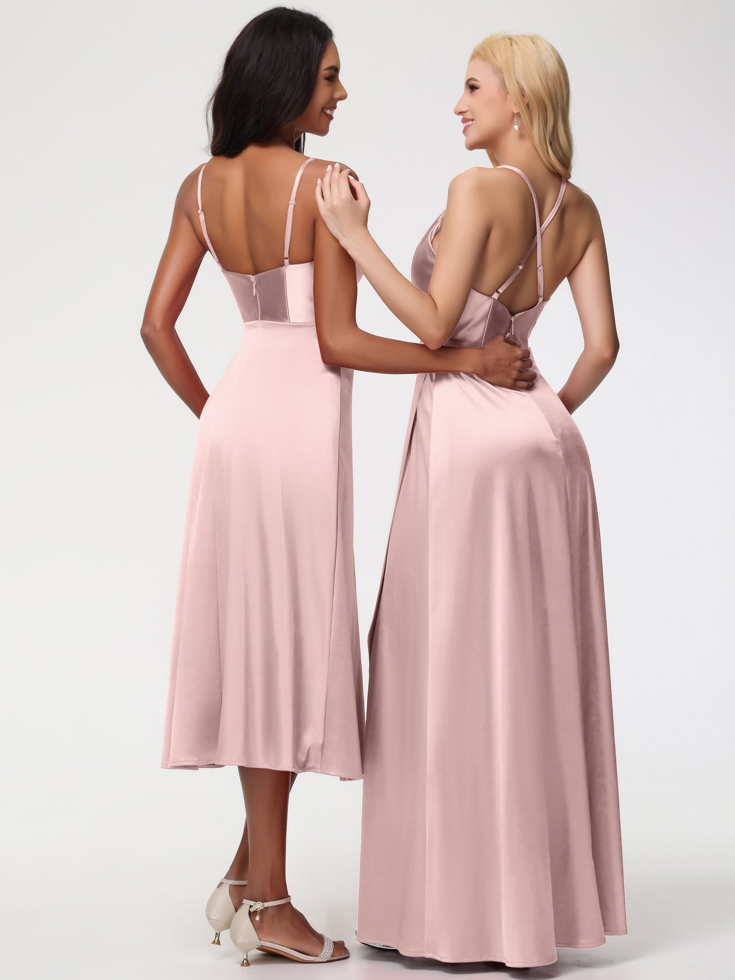 Spaghetti Straps Tea Length Back Zip Stretch Satin Bridesmaid Dress