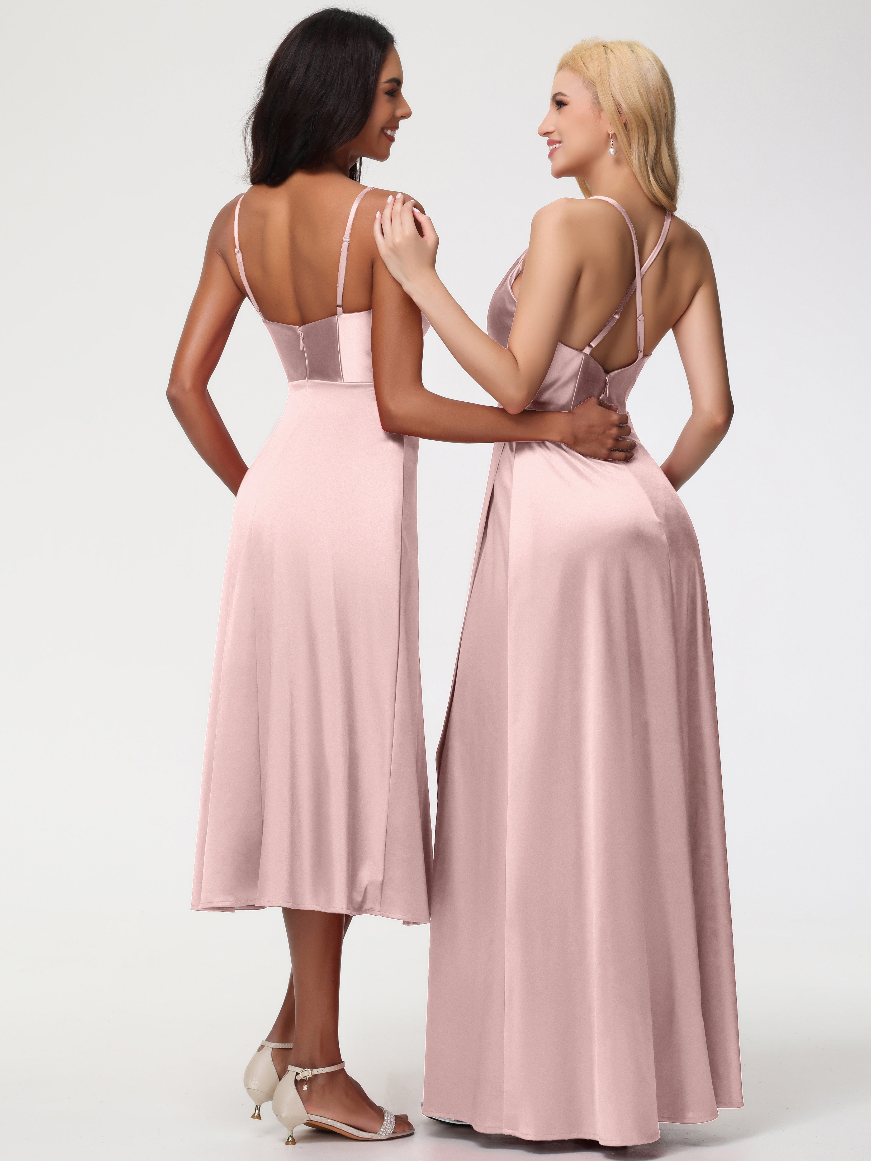 Spaghetti Straps Tea Length Back Zip Stretch Satin Bridesmaid Dress