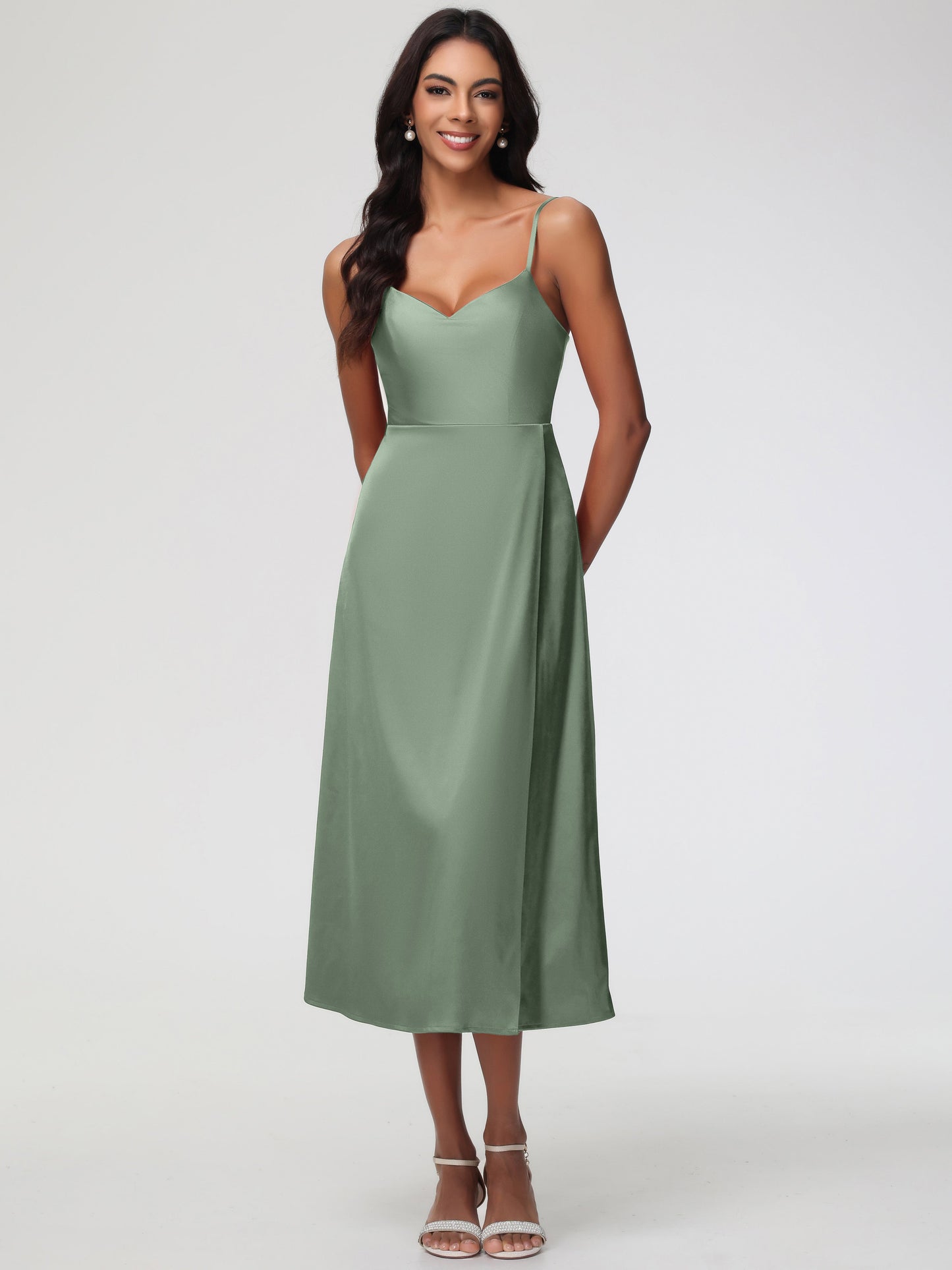 Spaghetti Straps Tea Length Back Zip Stretch Satin Bridesmaid Dress