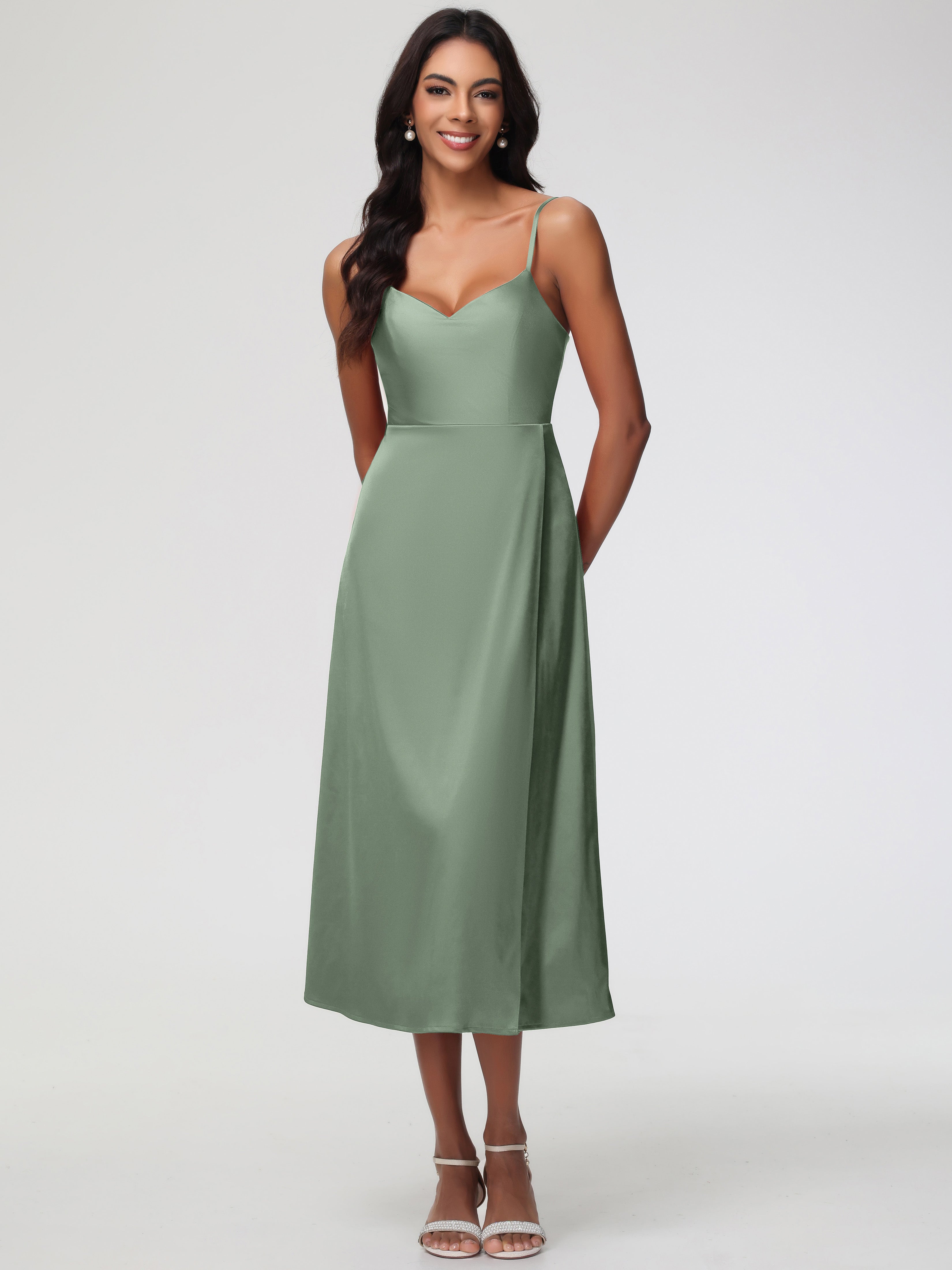 Spaghetti Straps Tea Length Back Zip Stretch Satin Bridesmaid Dress