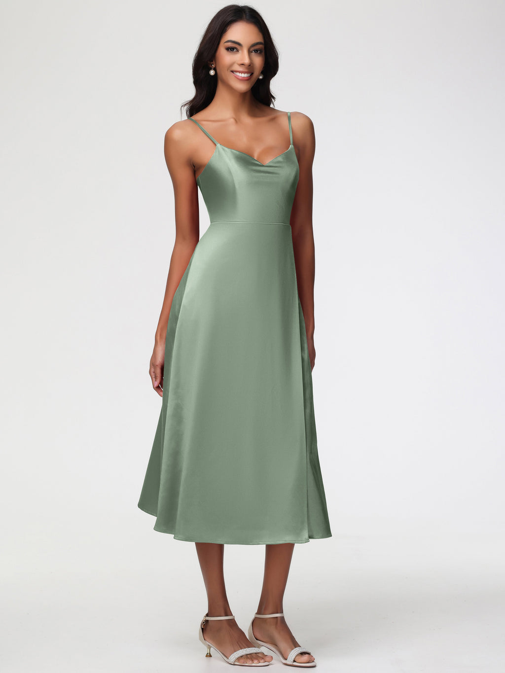 Spaghetti Straps Tea Length Back Zip Stretch Satin Bridesmaid Dress
