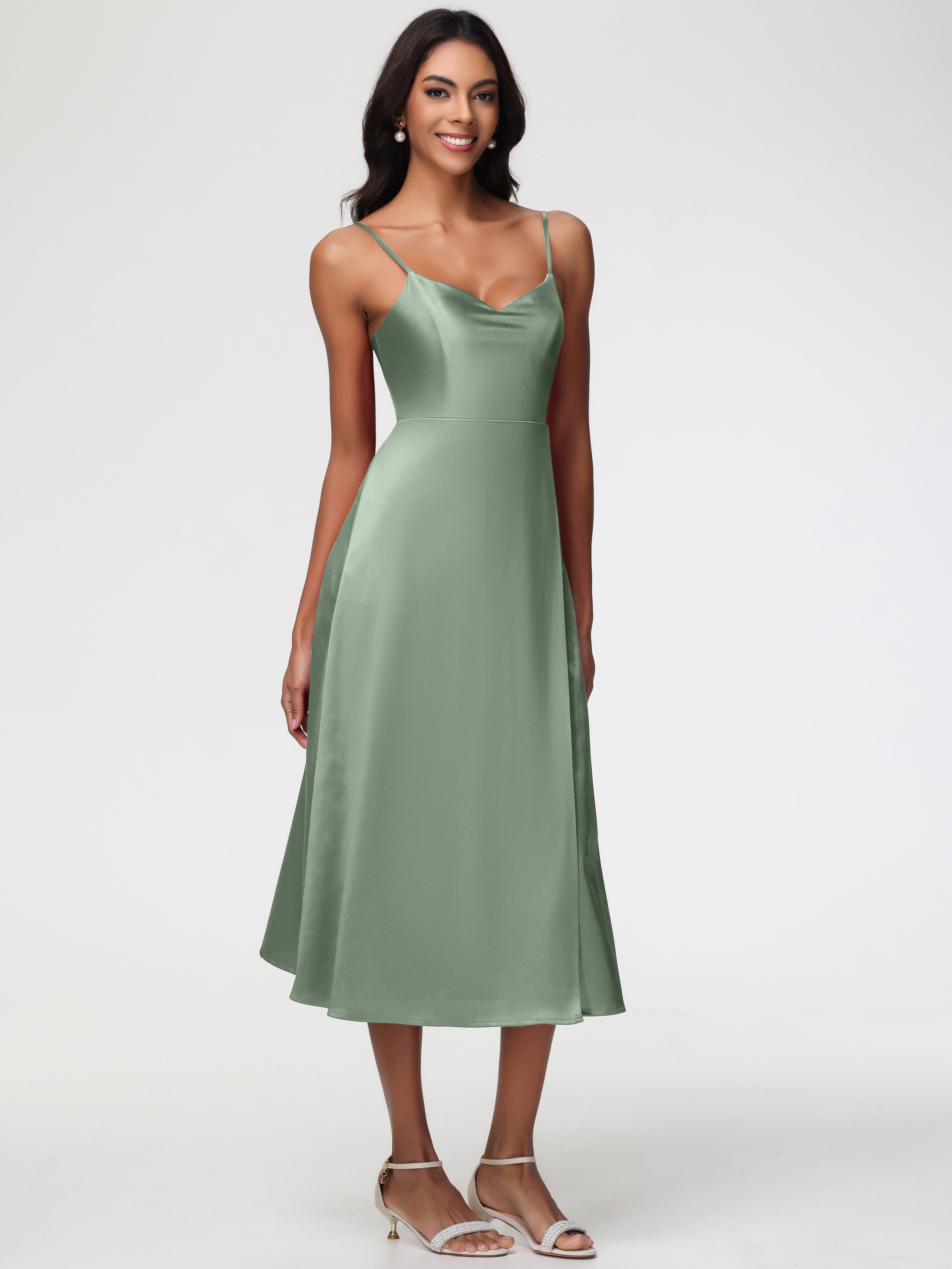Spaghetti Straps Tea Length Back Zip Stretch Satin Bridesmaid Dress