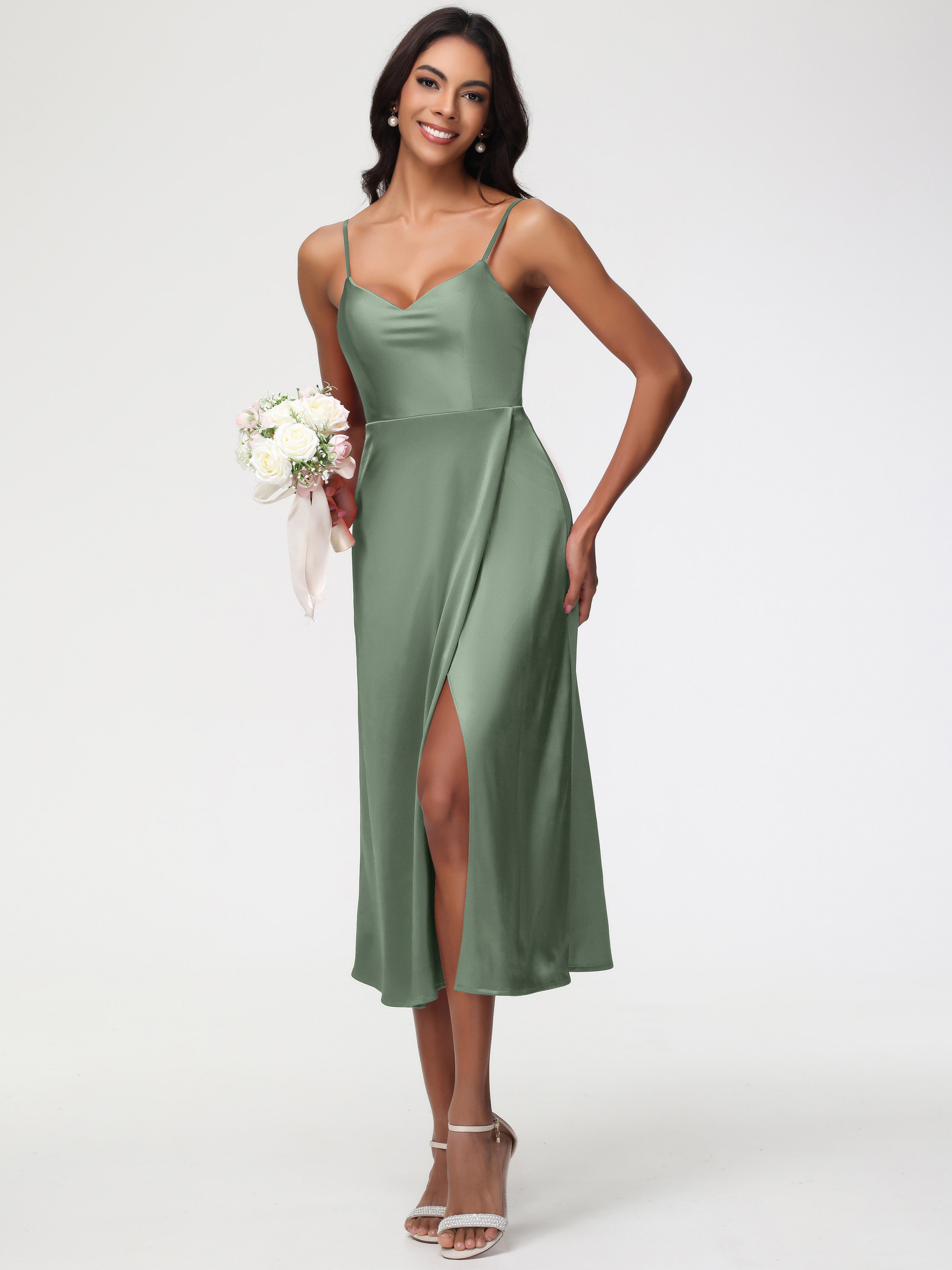Spaghetti Straps Tea Length Back Zip Stretch Satin Bridesmaid Dress