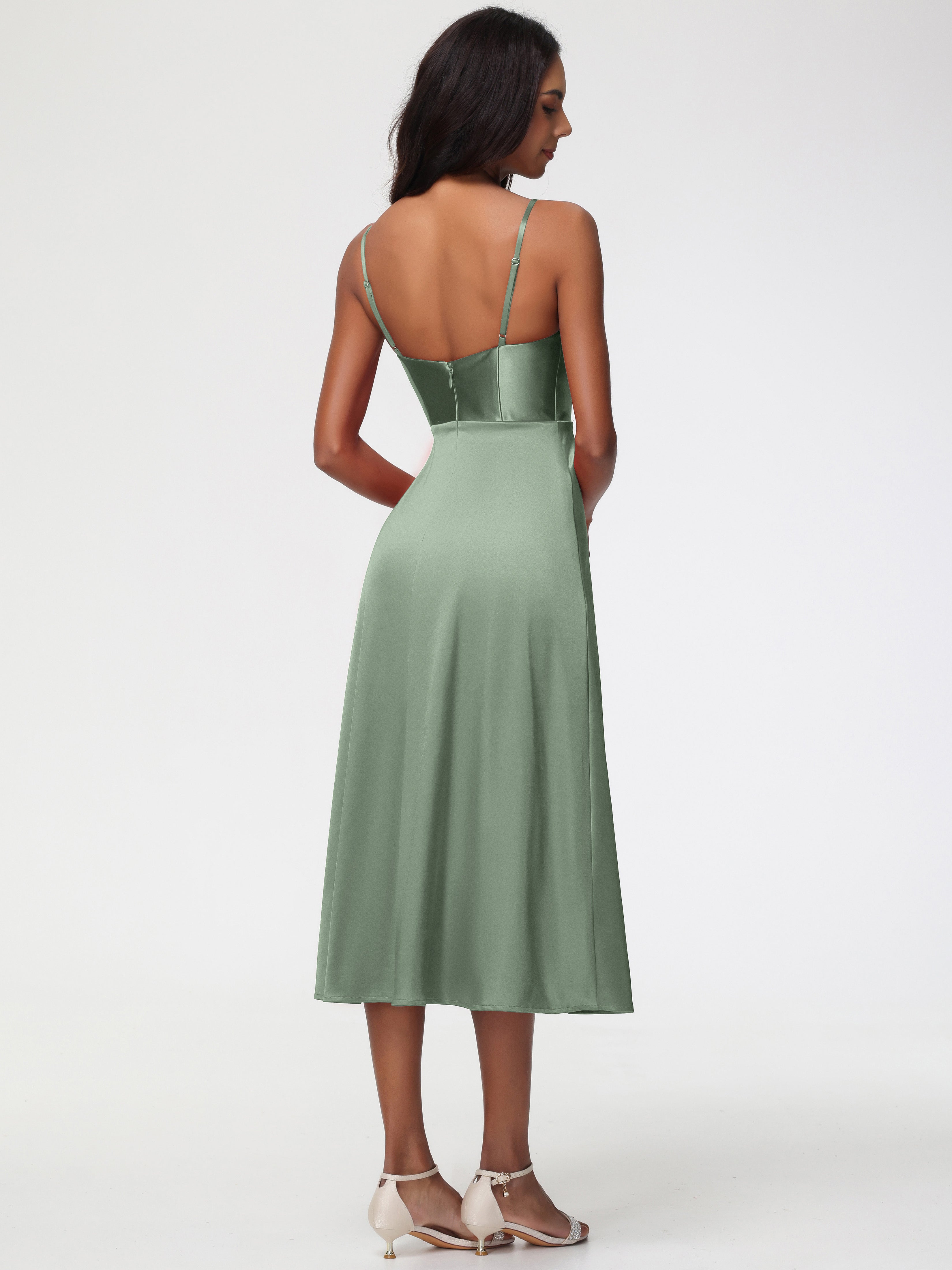 Spaghetti Straps Tea Length Back Zip Stretch Satin Bridesmaid Dress