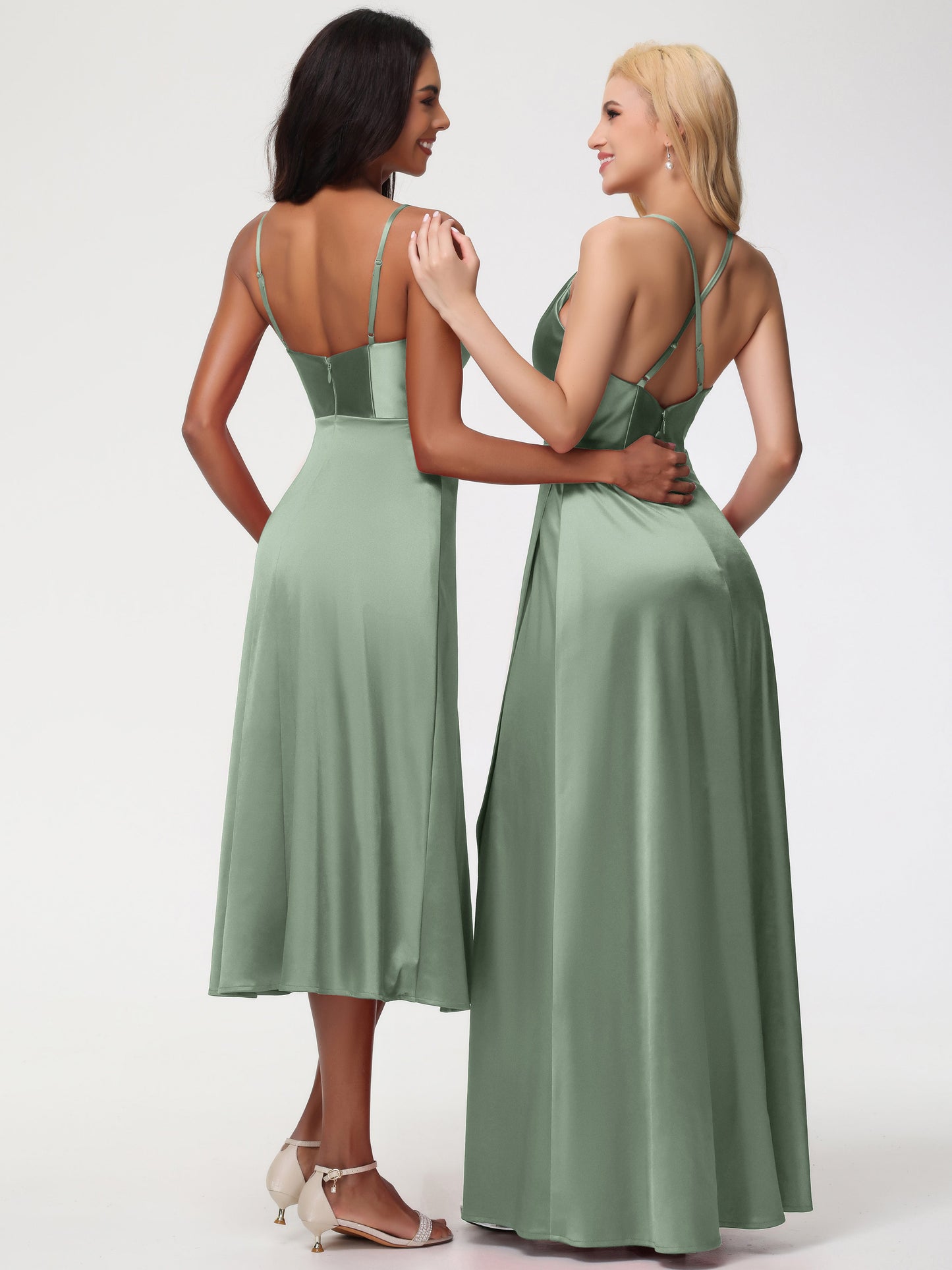 Spaghetti Straps Tea Length Back Zip Stretch Satin Bridesmaid Dress