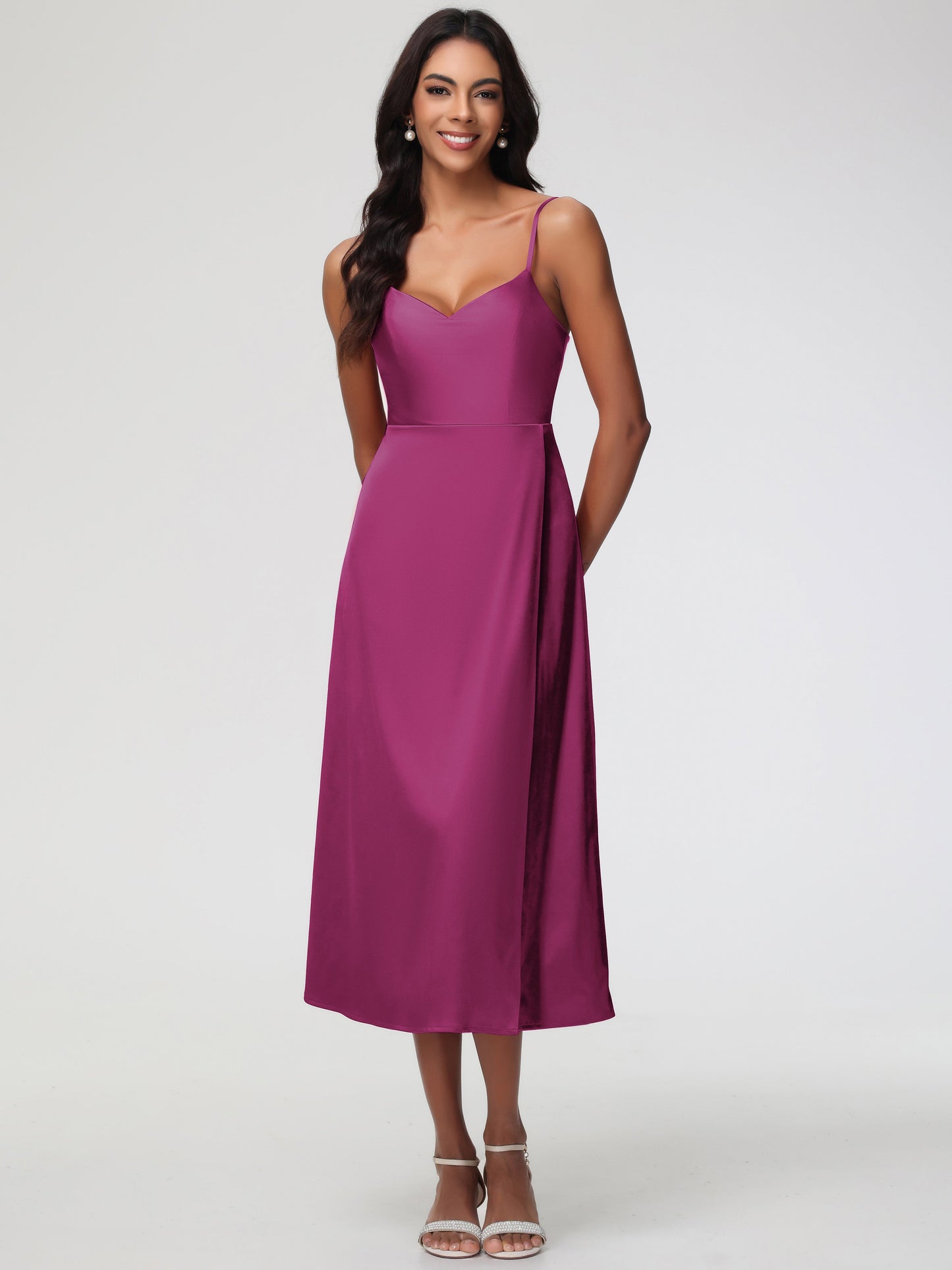 Spaghetti Straps Tea Length Back Zip Stretch Satin Bridesmaid Dress