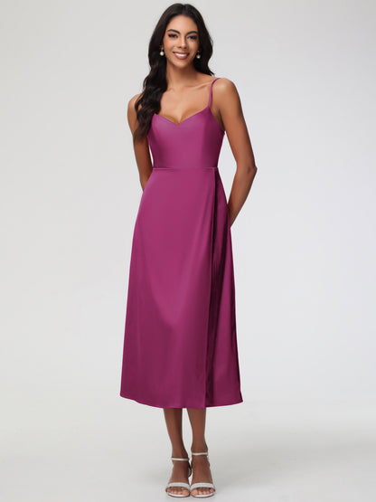 Spaghetti Straps Tea Length Back Zip Stretch Satin Bridesmaid Dress