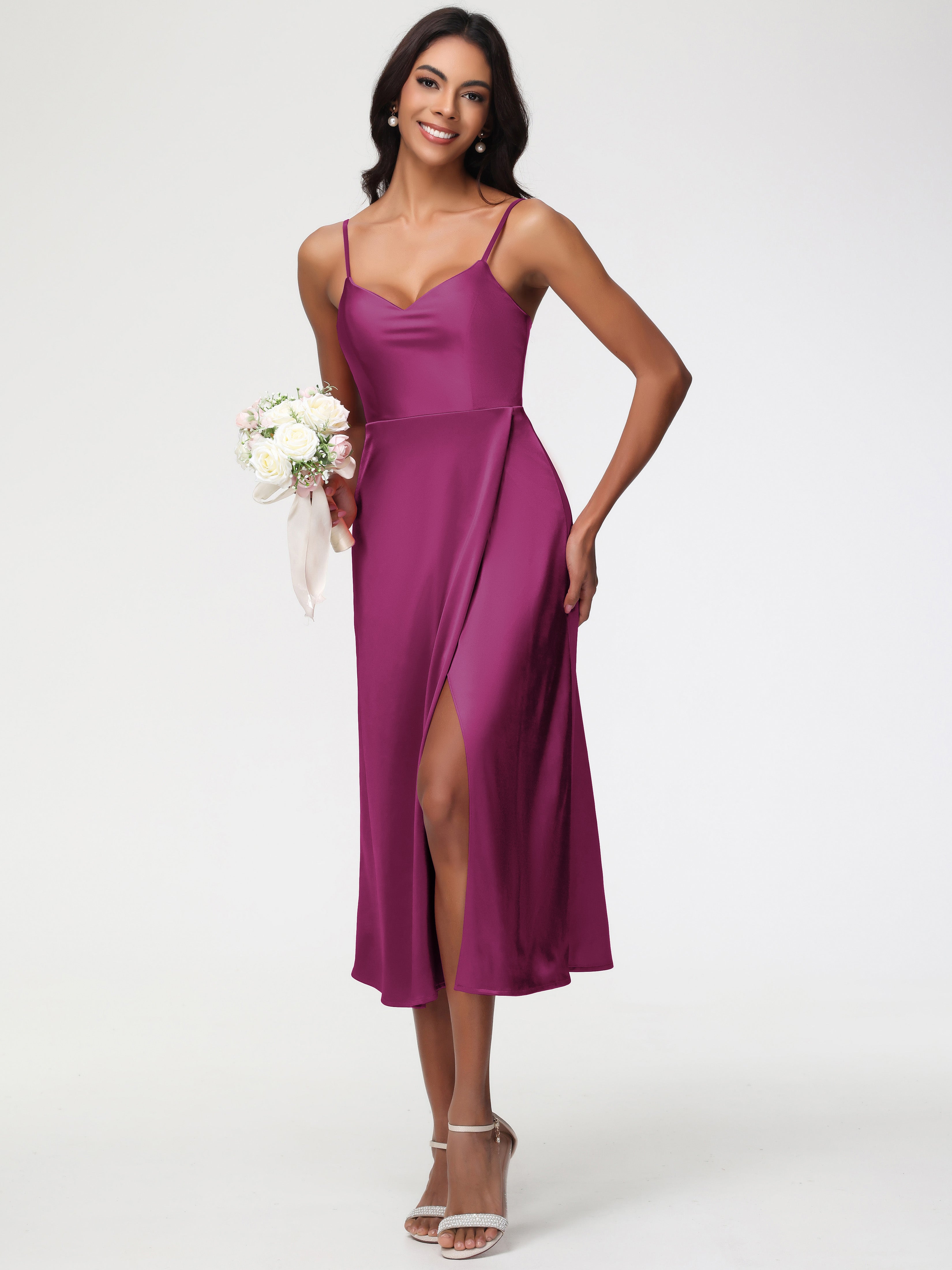 Spaghetti Straps Tea Length Back Zip Stretch Satin Bridesmaid Dress