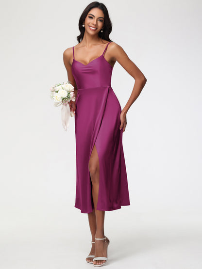 Spaghetti Straps Tea Length Back Zip Stretch Satin Bridesmaid Dress