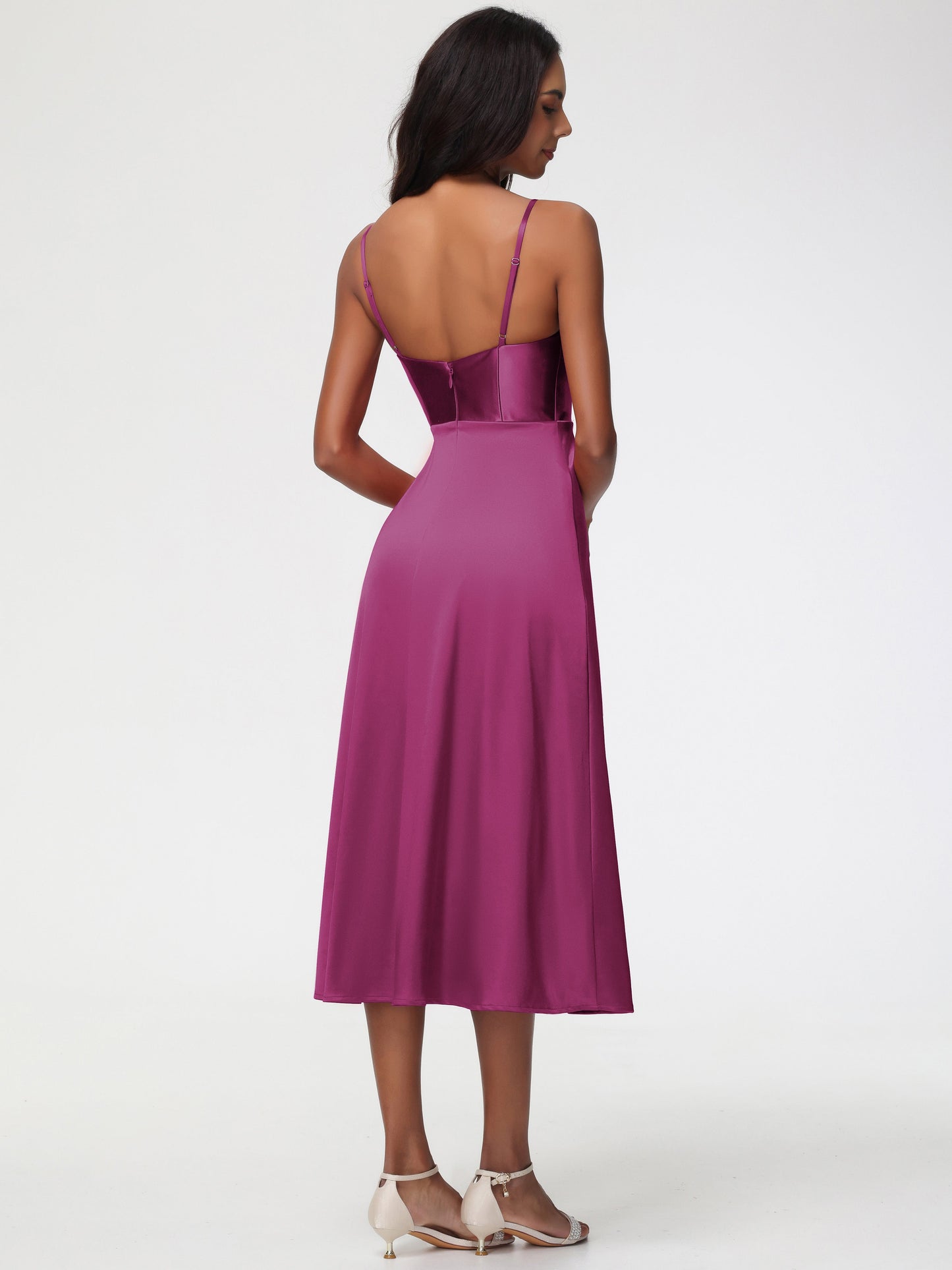 Spaghetti Straps Tea Length Back Zip Stretch Satin Bridesmaid Dress