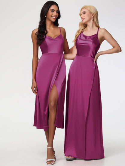 Spaghetti Straps Tea Length Back Zip Stretch Satin Bridesmaid Dress