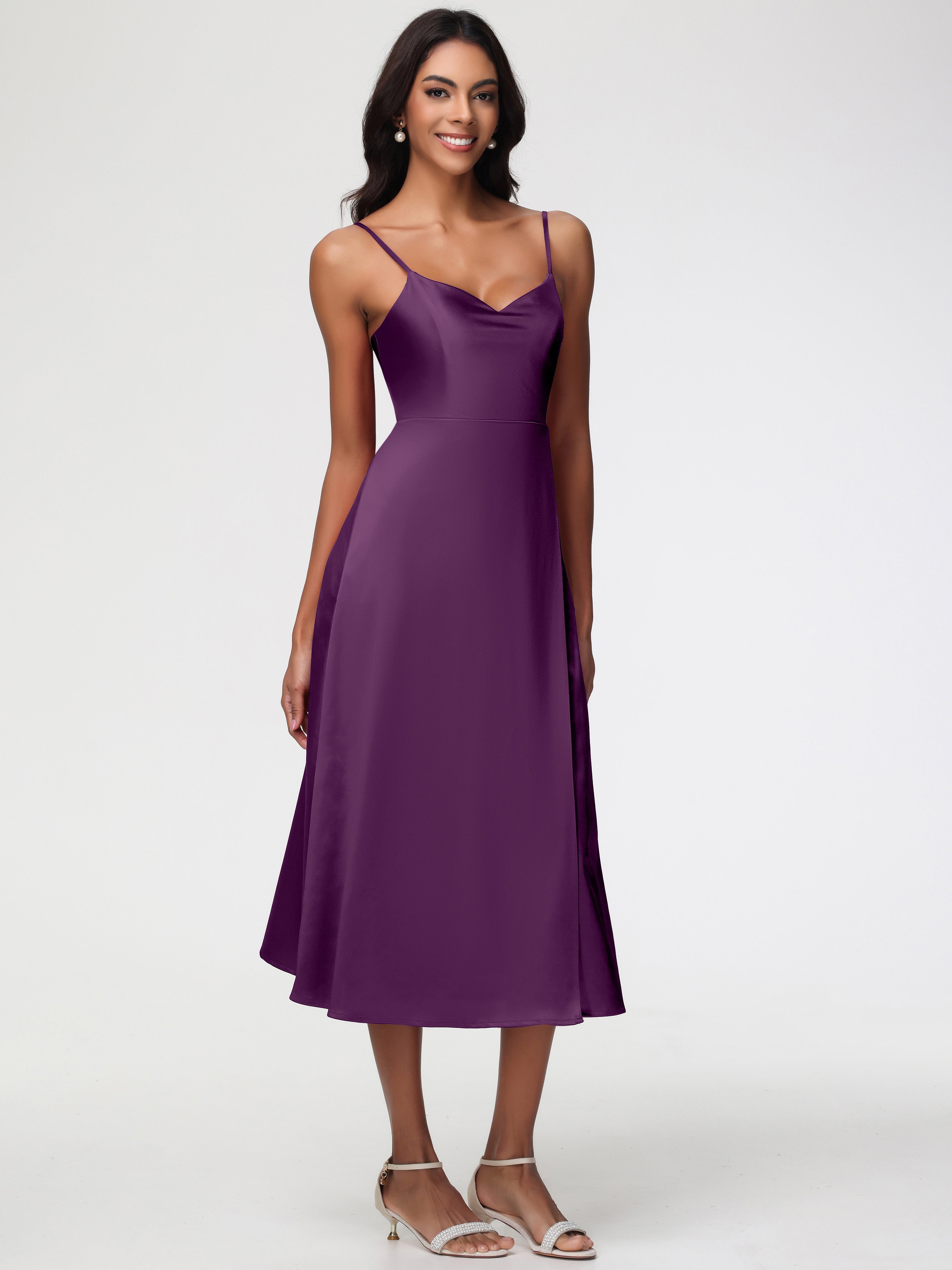 Spaghetti Straps Tea Length Back Zip Stretch Satin Bridesmaid Dress