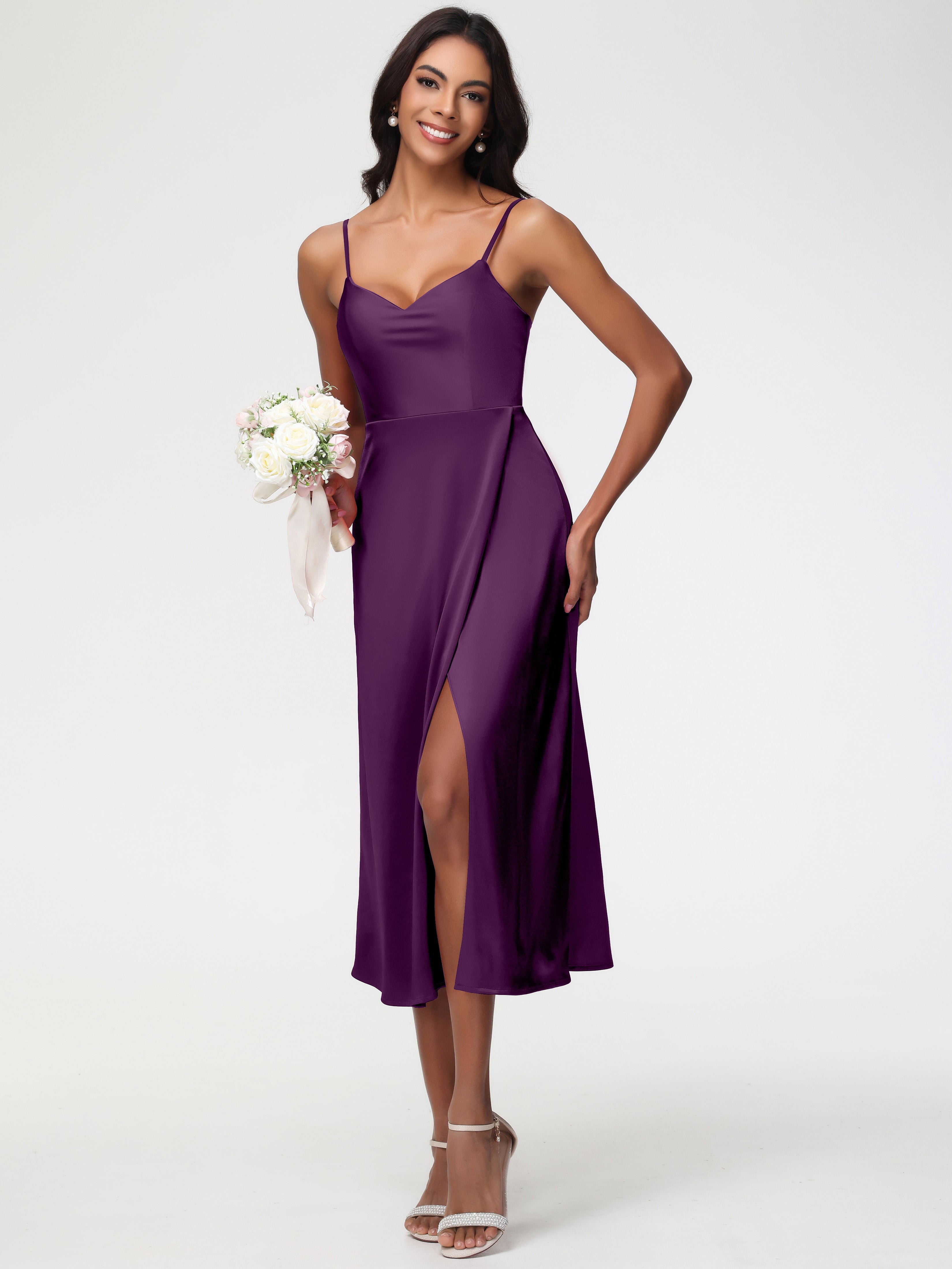 Spaghetti Straps Tea Length Back Zip Stretch Satin Bridesmaid Dress