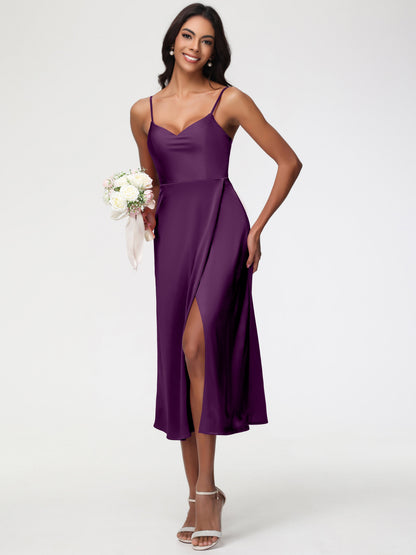 Spaghetti Straps Tea Length Back Zip Stretch Satin Bridesmaid Dress