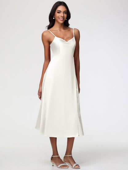 Spaghetti Straps Tea Length Back Zip Stretch Satin Bridesmaid Dress