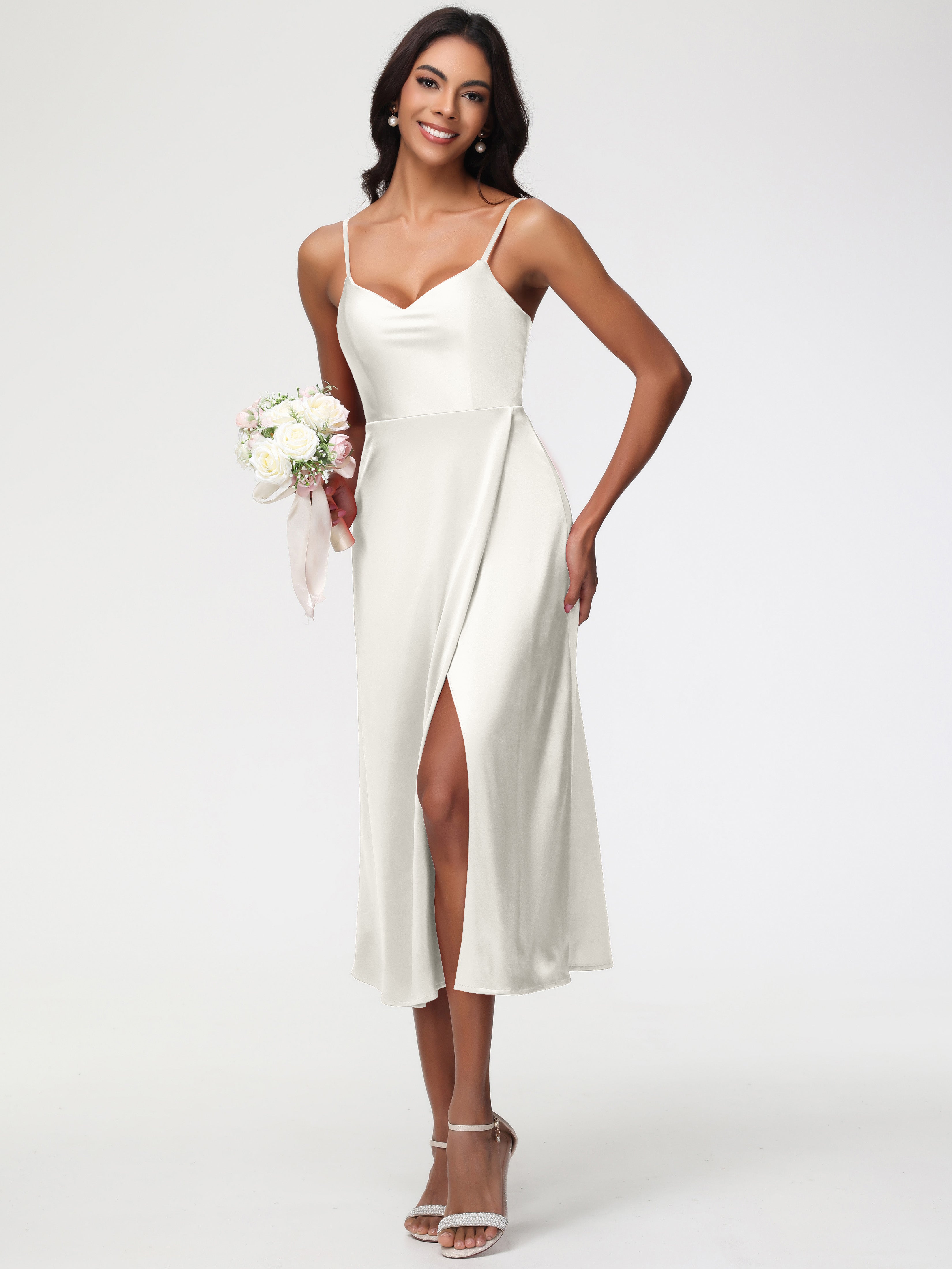 Spaghetti Straps Tea Length Back Zip Stretch Satin Bridesmaid Dress