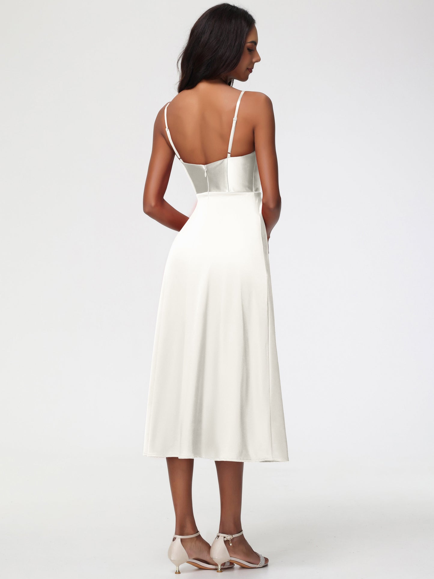 Spaghetti Straps Tea Length Back Zip Stretch Satin Bridesmaid Dress