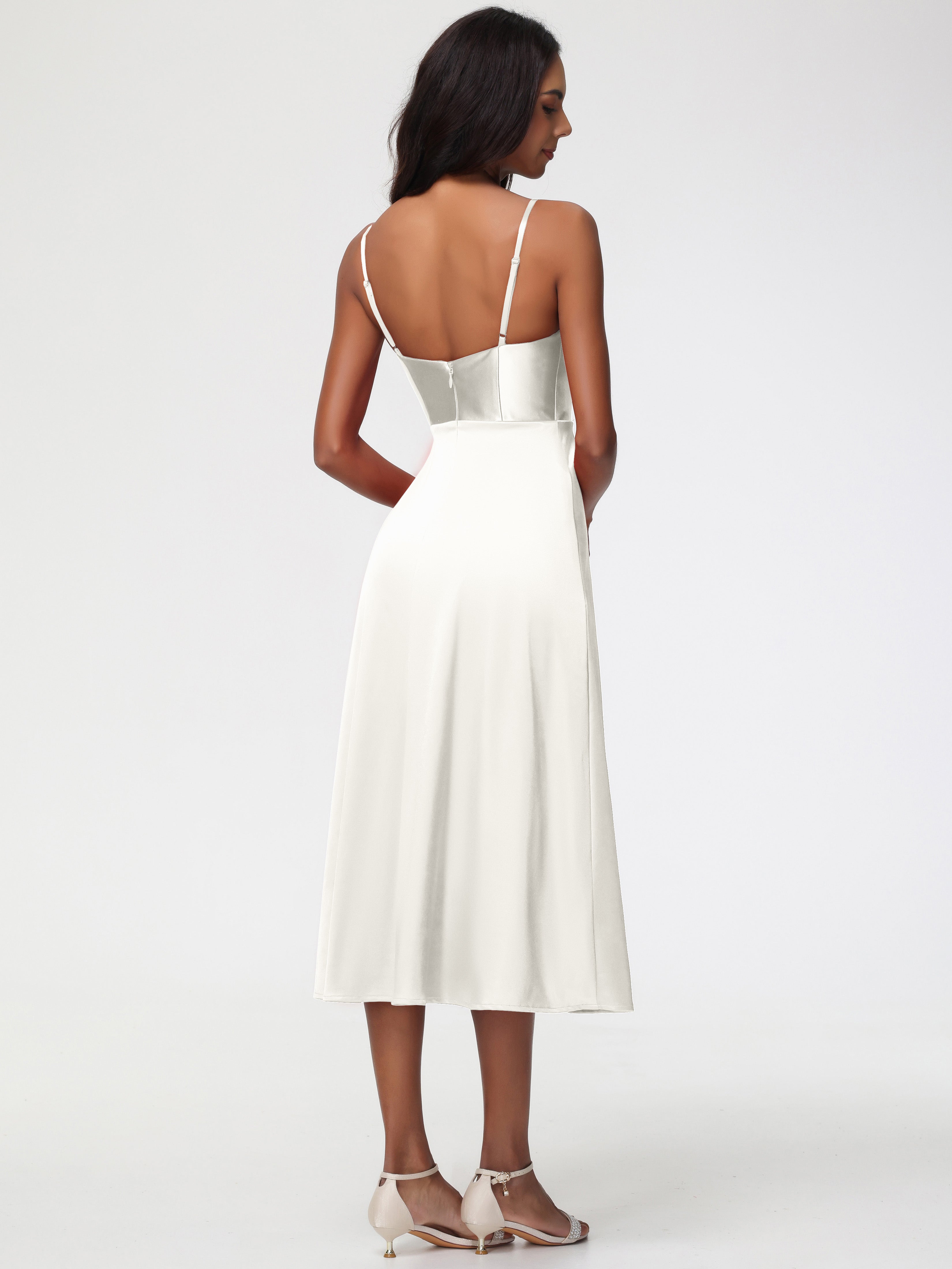 Spaghetti Straps Tea Length Back Zip Stretch Satin Bridesmaid Dress