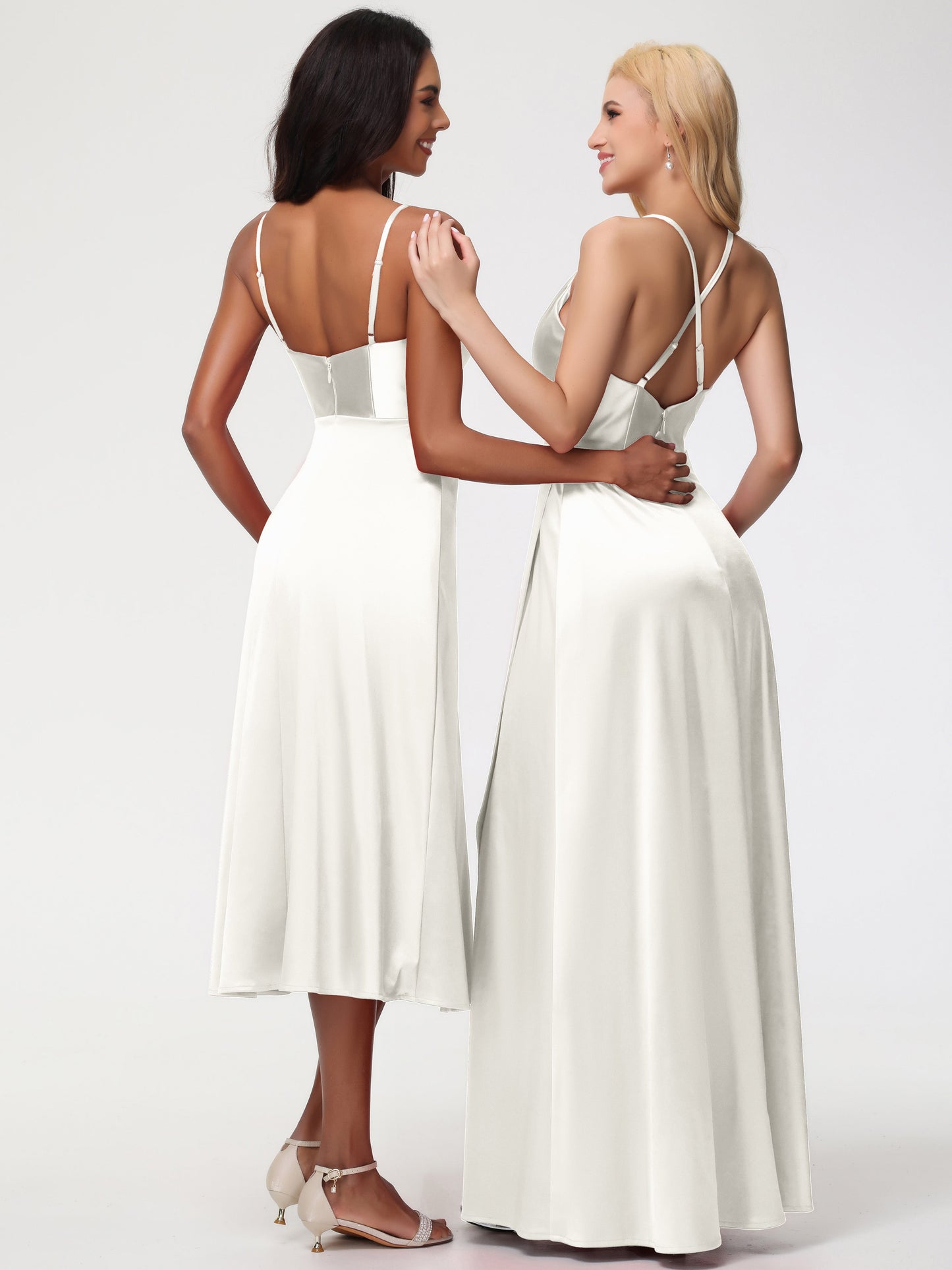 Spaghetti Straps Tea Length Back Zip Stretch Satin Bridesmaid Dress