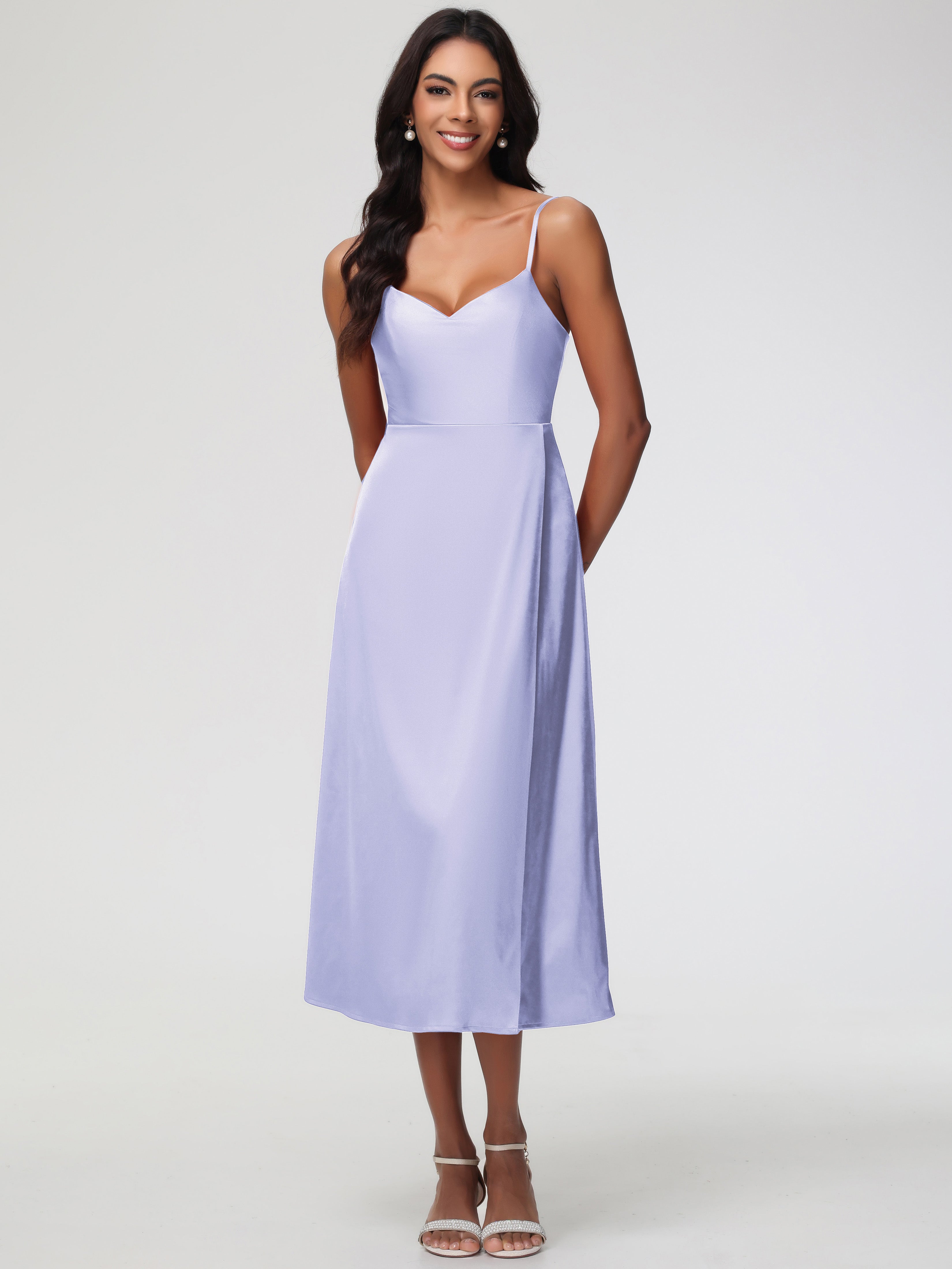 Spaghetti Straps Tea Length Back Zip Stretch Satin Bridesmaid Dress