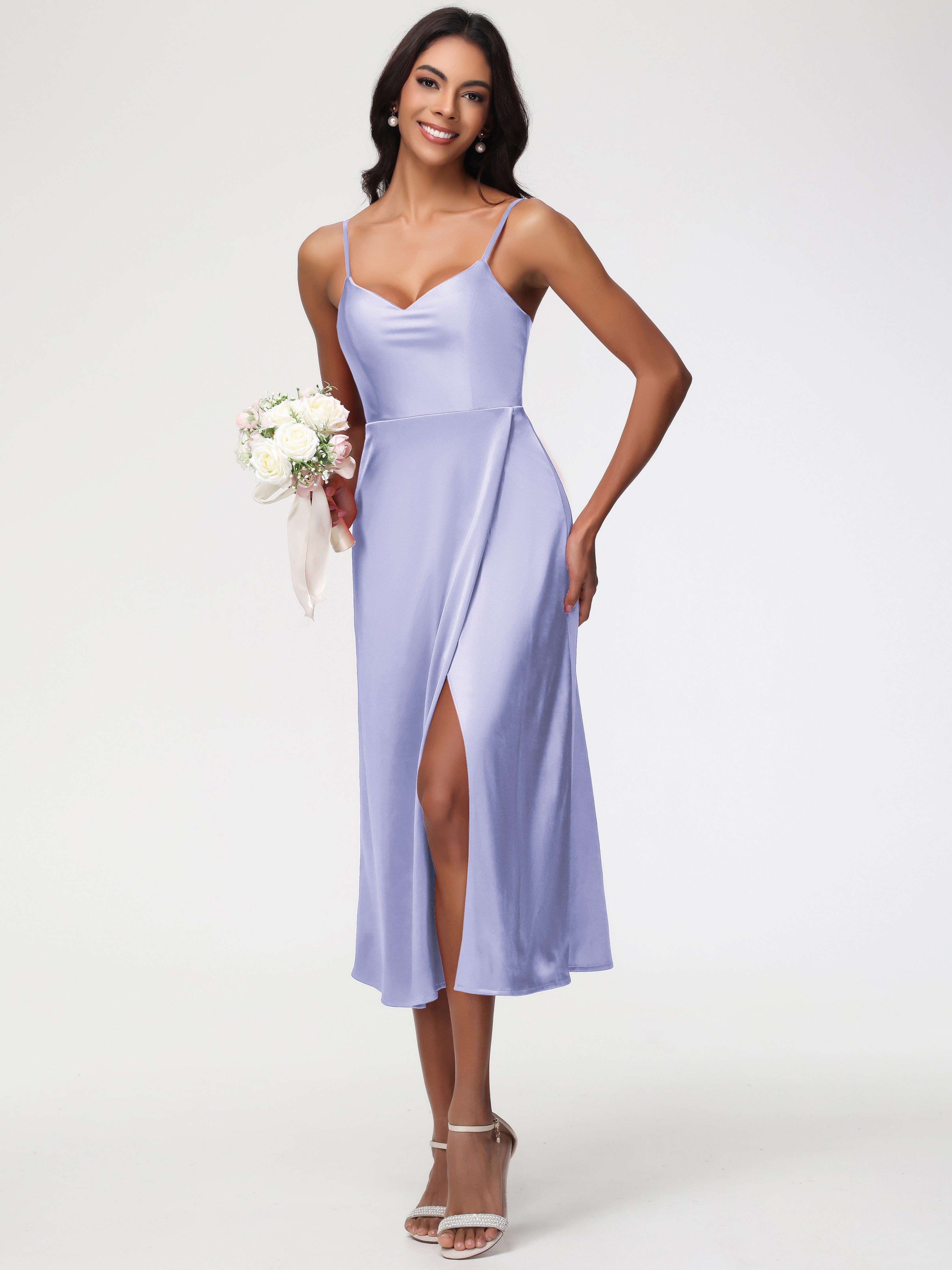 Spaghetti Straps Tea Length Back Zip Stretch Satin Bridesmaid Dress