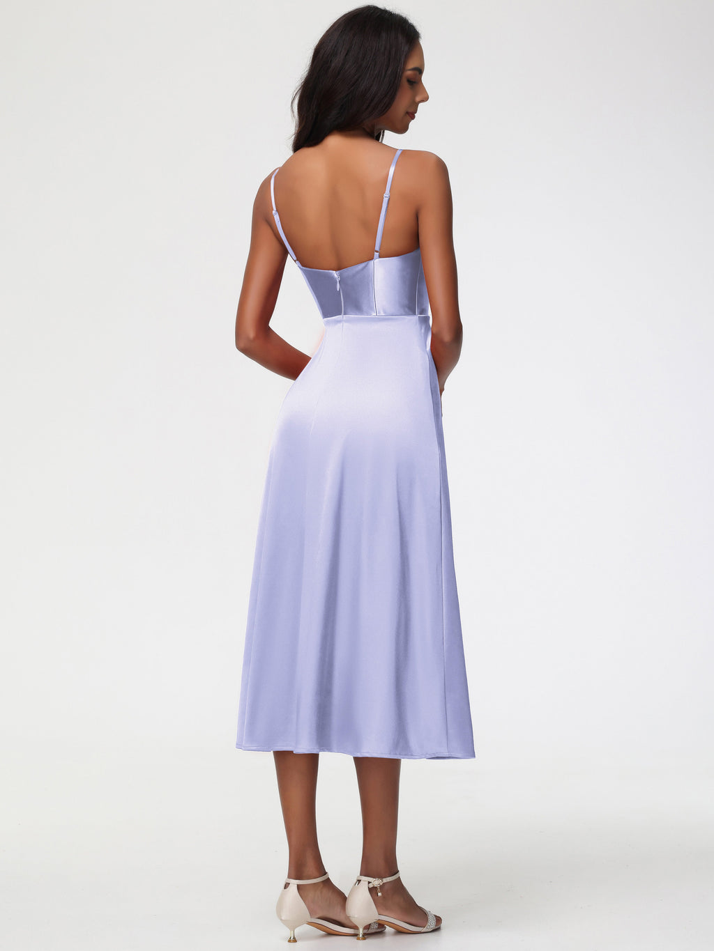Spaghetti Straps Tea Length Back Zip Stretch Satin Bridesmaid Dress