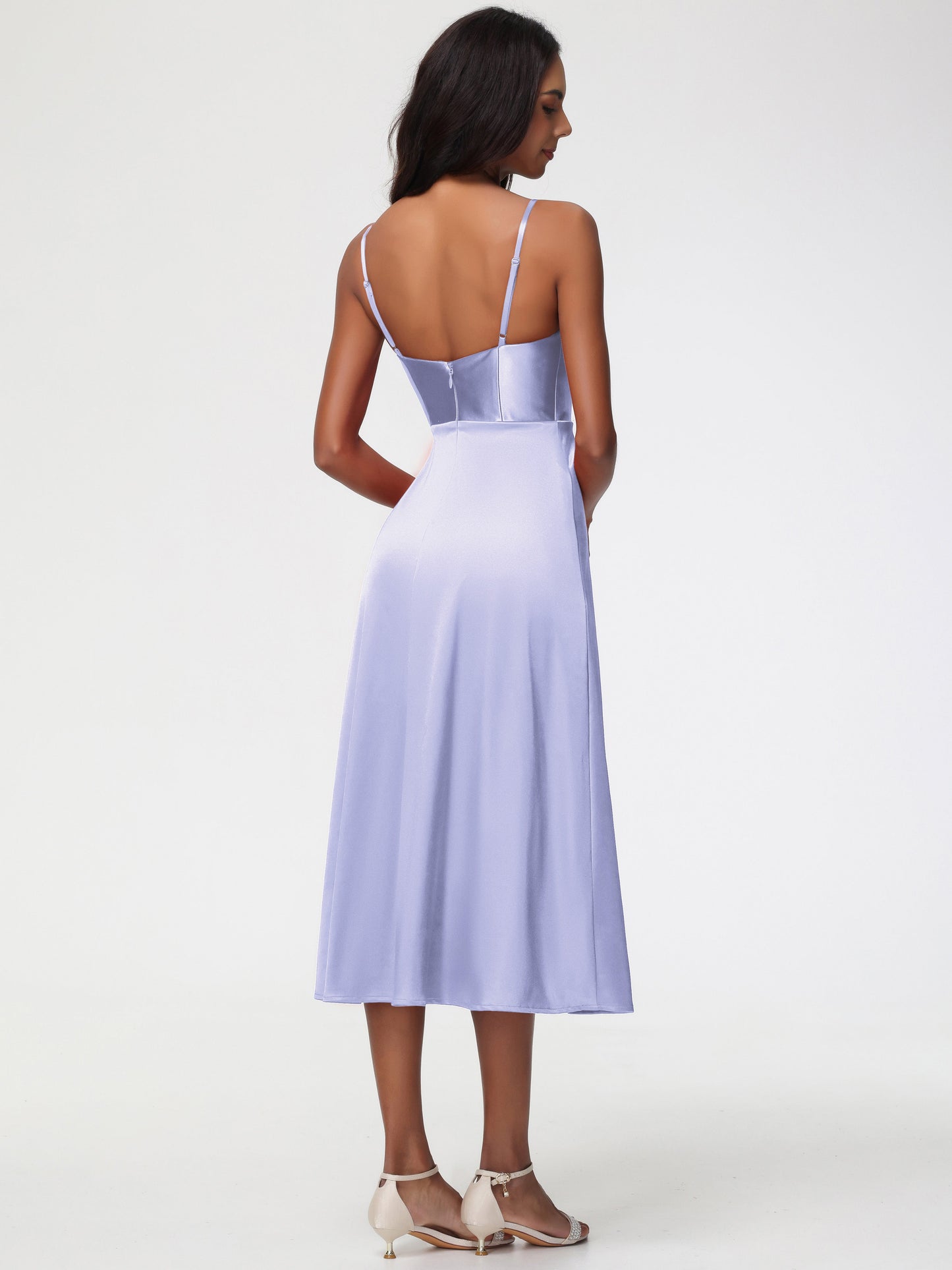 Spaghetti Straps Tea Length Back Zip Stretch Satin Bridesmaid Dress
