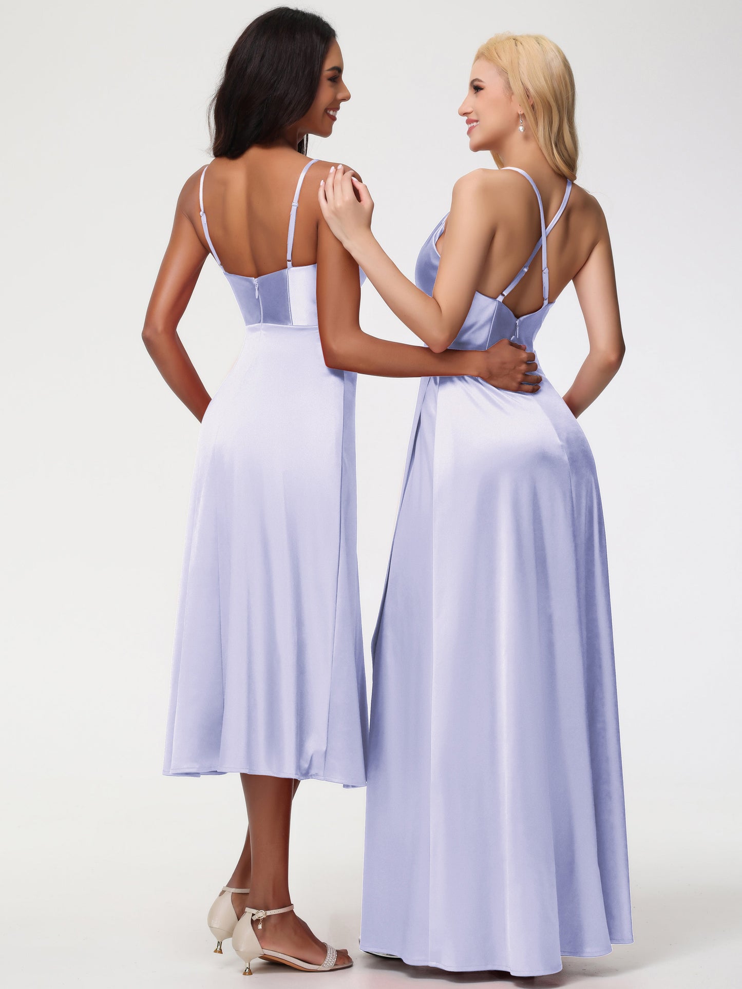 Spaghetti Straps Tea Length Back Zip Stretch Satin Bridesmaid Dress