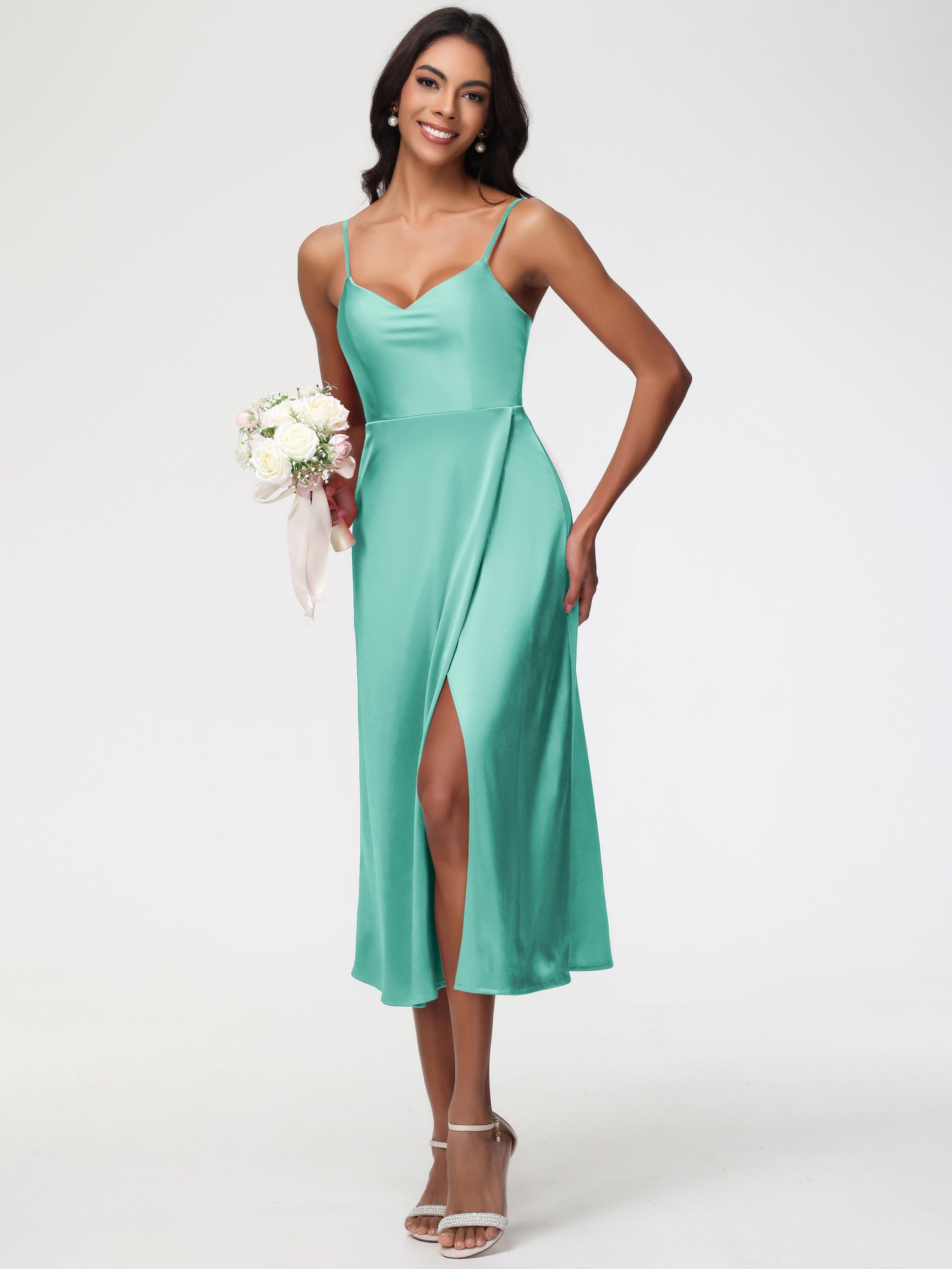 Spaghetti Straps Tea Length Back Zip Stretch Satin Bridesmaid Dress