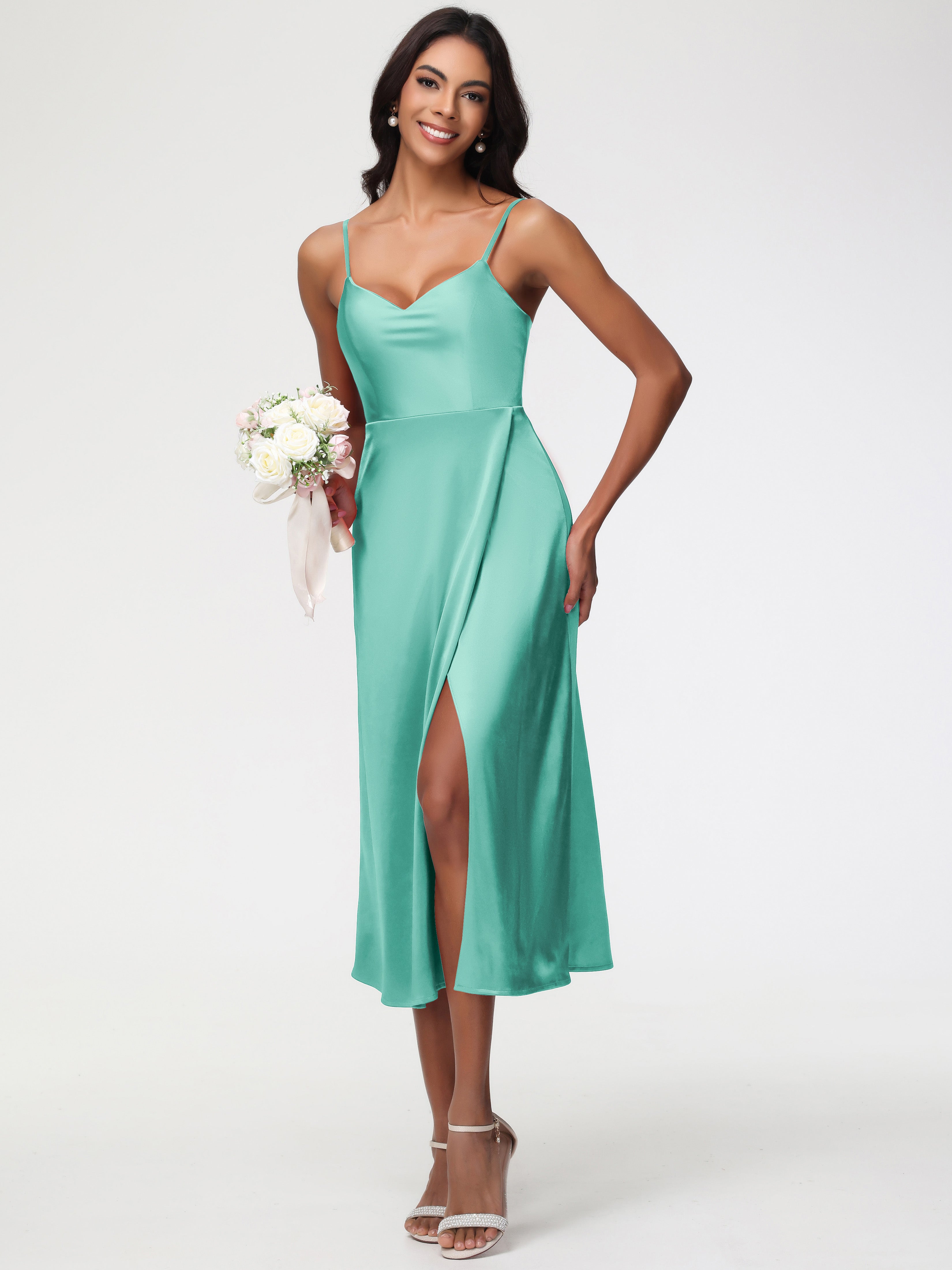 Spaghetti Straps Tea Length Back Zip Stretch Satin Bridesmaid Dress
