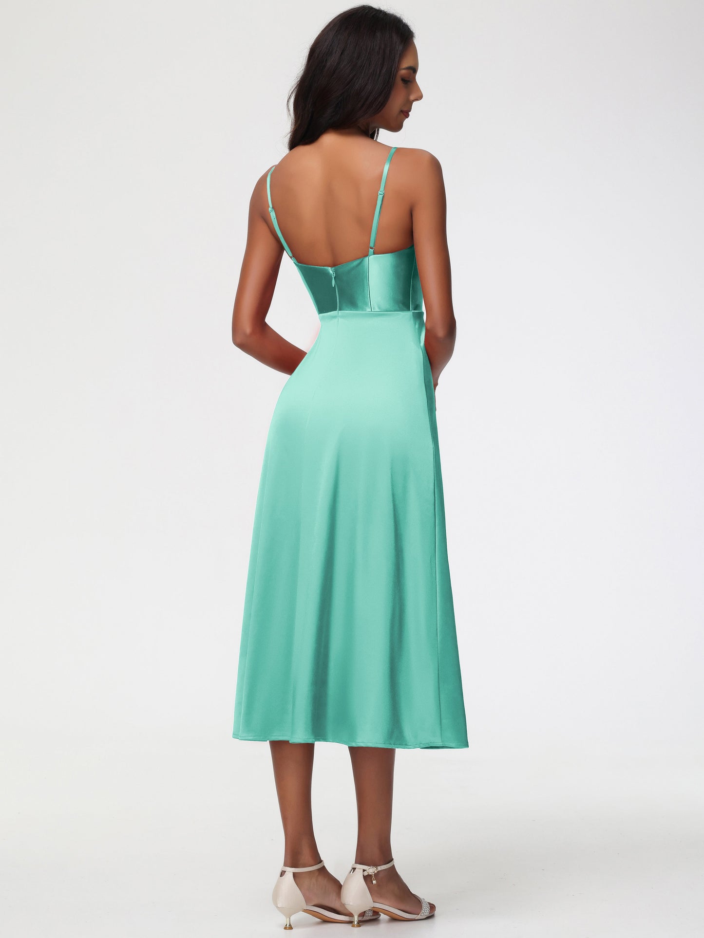 Spaghetti Straps Tea Length Back Zip Stretch Satin Bridesmaid Dress