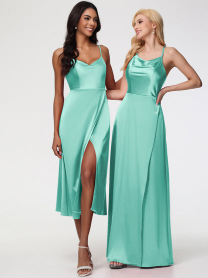 Spaghetti Straps Tea Length Back Zip Stretch Satin Bridesmaid Dress